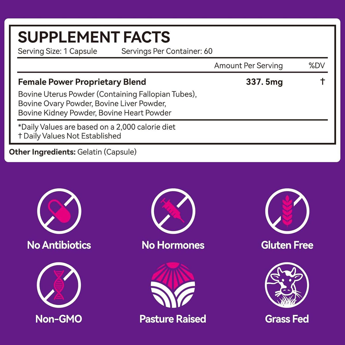 Beef Organ Supplement for Women with Beef Liver, Kidney, Heart and Uterus Tissue, Supports Women's Overall Wellness, Hormone Balance, Energy, Skin Health, 100% Grass Fed, Non-GMO, 60 Capsules