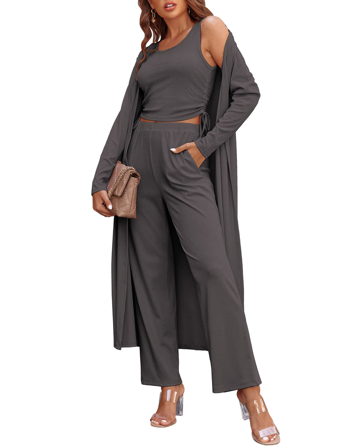 Ekouaer Women's 3 Piece Knit Lounge Set Pajama Long Sleeve Cardigan Sleeveless Top Pants Sweatsuit S-XXL