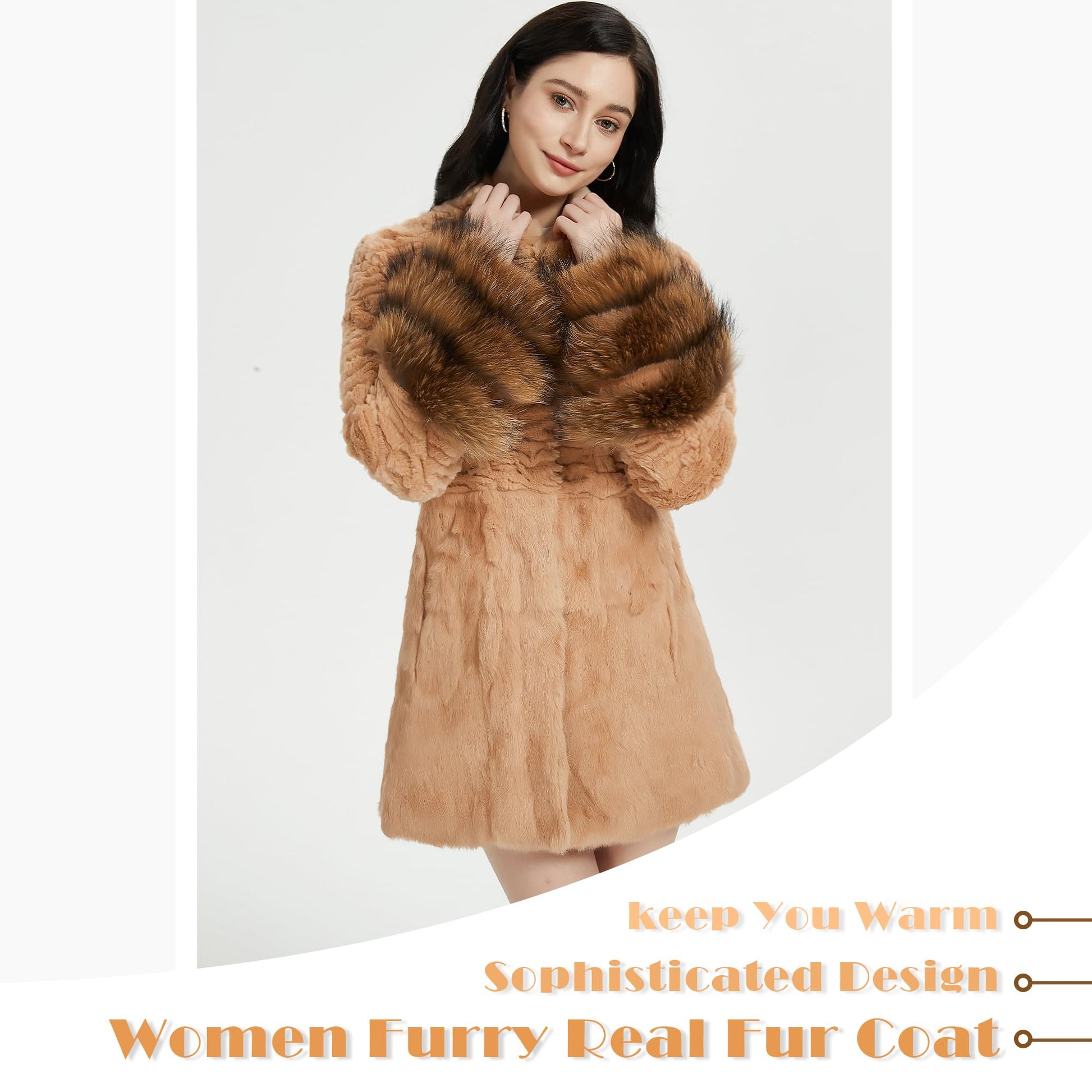 Fur Story Women's Genuine Rabbit Fur Coat With Fox Fur Cuffs Warm Winter Coat Black Long Jacket