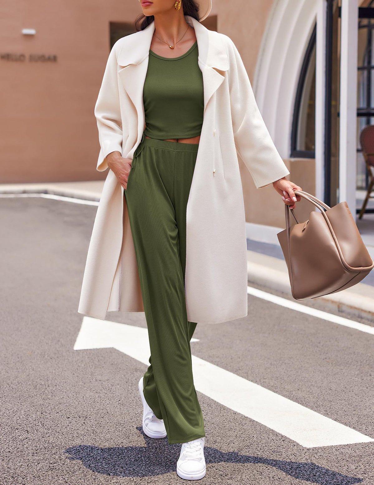 Ekouaer Women's 3 Piece Knit Lounge Set Pajama Long Sleeve Cardigan Sleeveless Top Pants Sweatsuit S-XXL