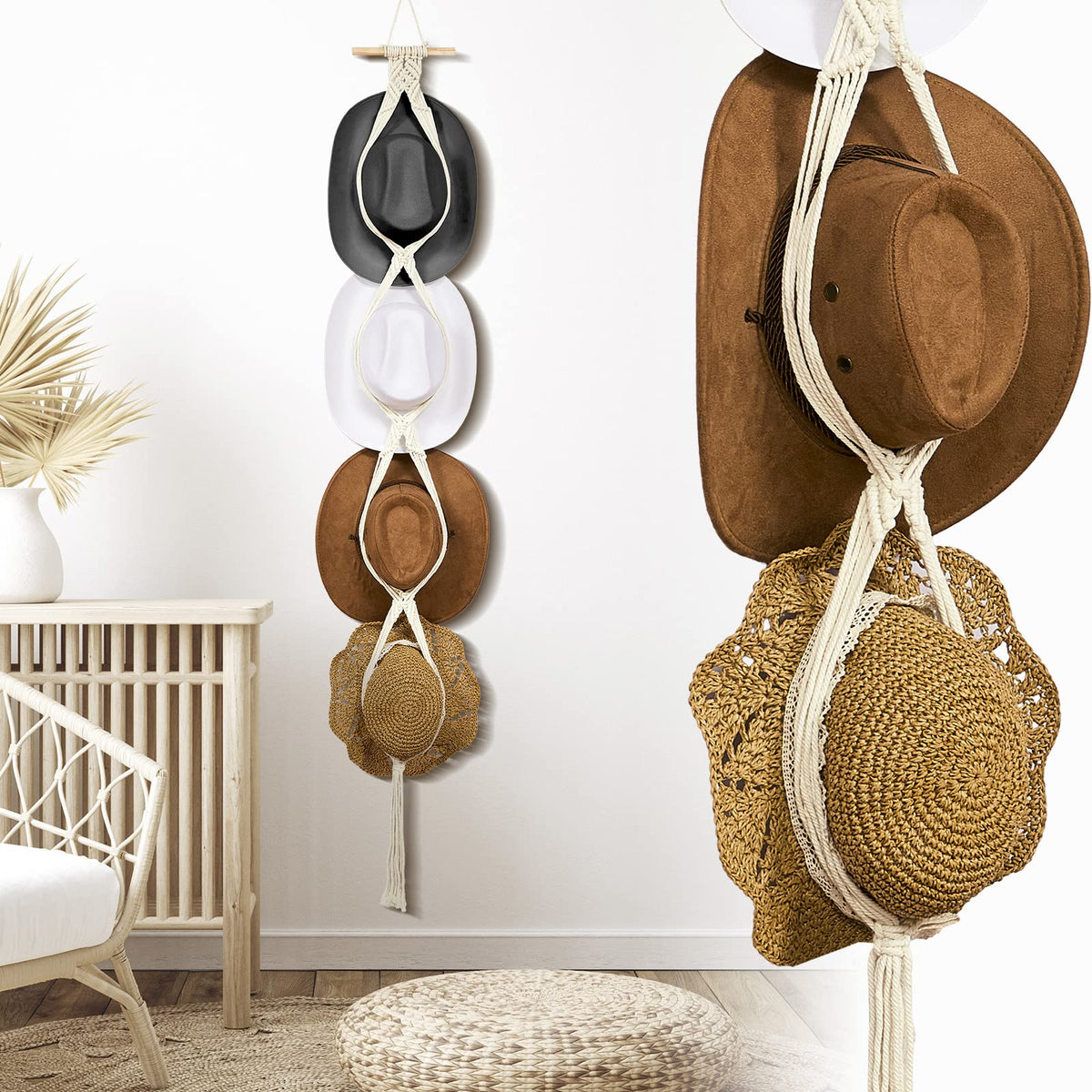 Yulejo Macrame Hat Hangers Boho Hat Rack for Wall Western Cowboy Hanging Organizer for Door Wall Room Bedroom