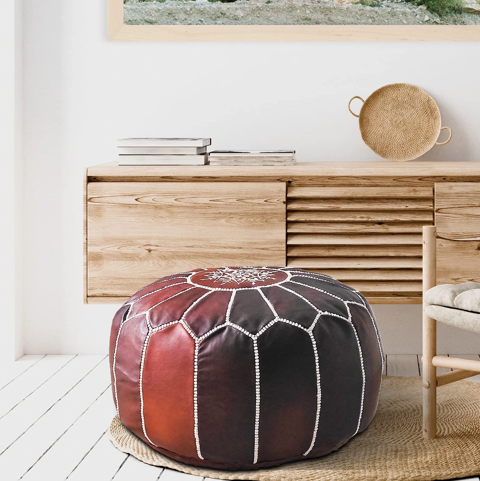 Fezcrafts Genuine Leather Moroccan Ottoman unstuffed Moroccan Pouf Footresf Livin Room Cocktail Seats Goatskin Tribal Bohemian Home Decor (Black)