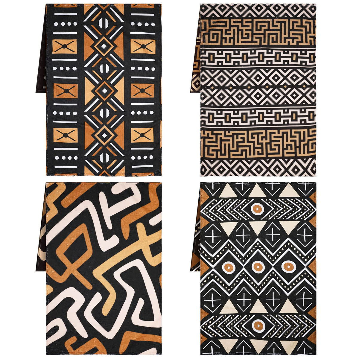 Lasnten African Kitchen Towels Set of 4 Boho Decorative Nativetea Dish Hand Towels Mudcloth Fabric Brown Ethnic Decor for Cooking Housewarming Kuba Tribal Home Decor(African Boho Style)
