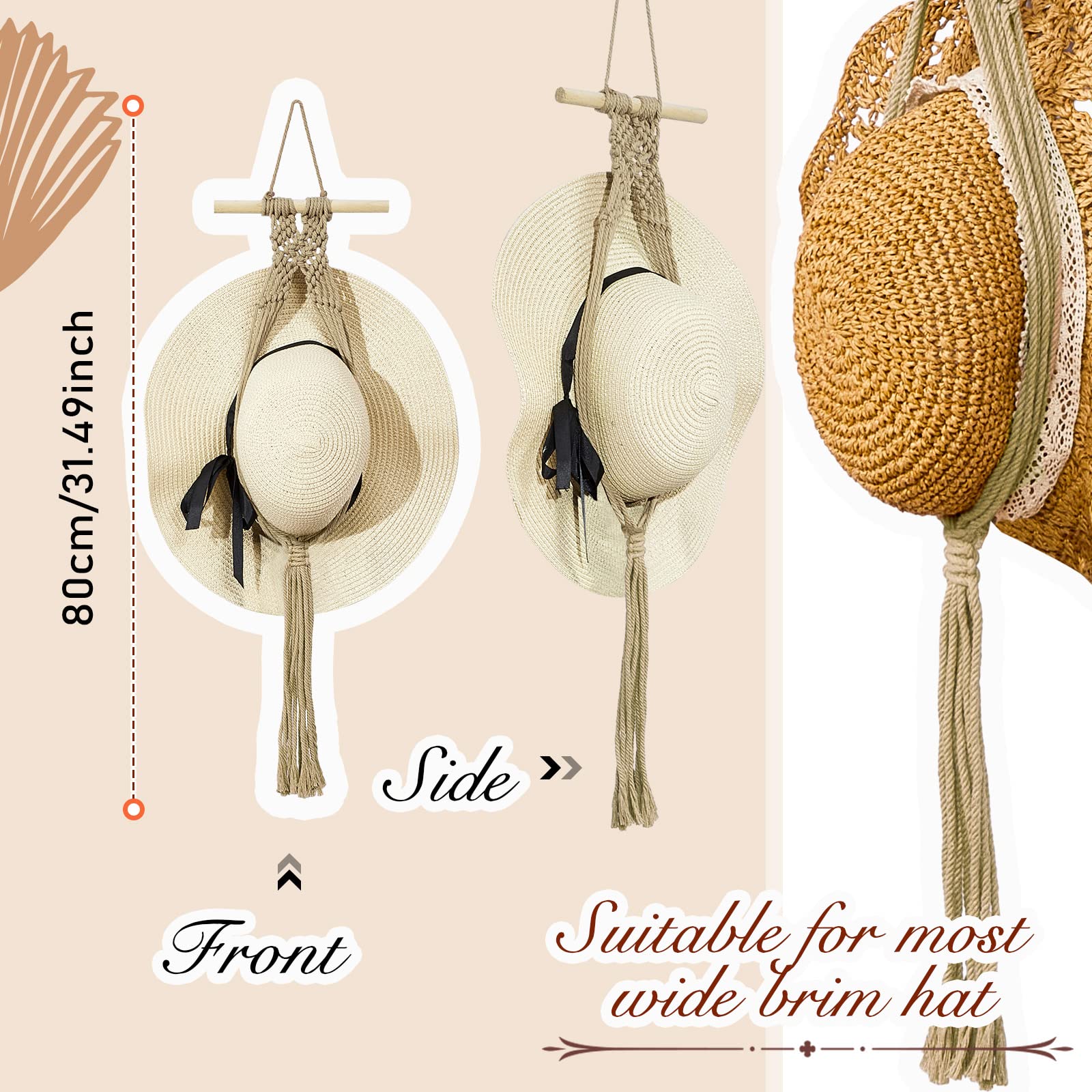 Yulejo Macrame Hat Hangers Boho Hat Rack for Wall Western Cowboy Hanging Organizer for Door Wall Room Bedroom