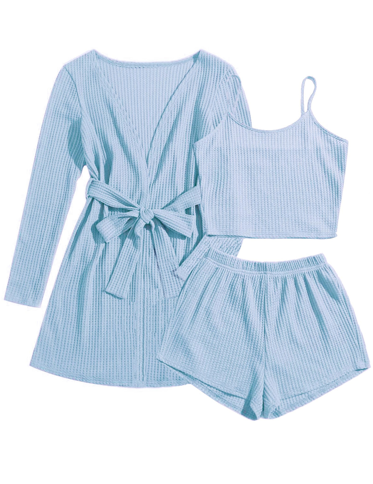 Ekouaer Womens 3 Piece Waffle Knit Lounge Set Soft Pajama Sets Tank Top and Shorts Cardigan with Pockets S-XXL
