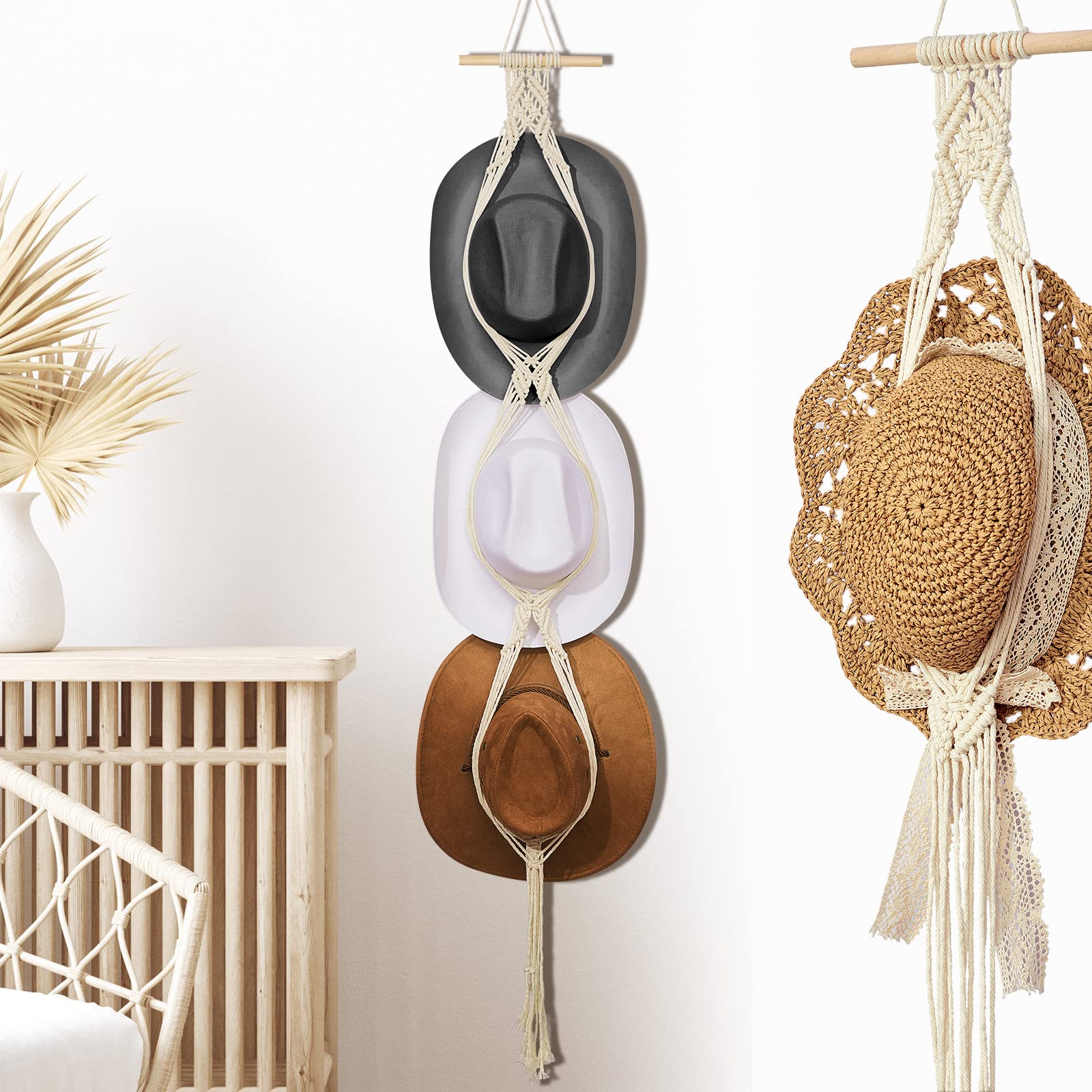 Yulejo Macrame Hat Hangers Boho Hat Rack for Wall Western Cowboy Hanging Organizer for Door Wall Room Bedroom