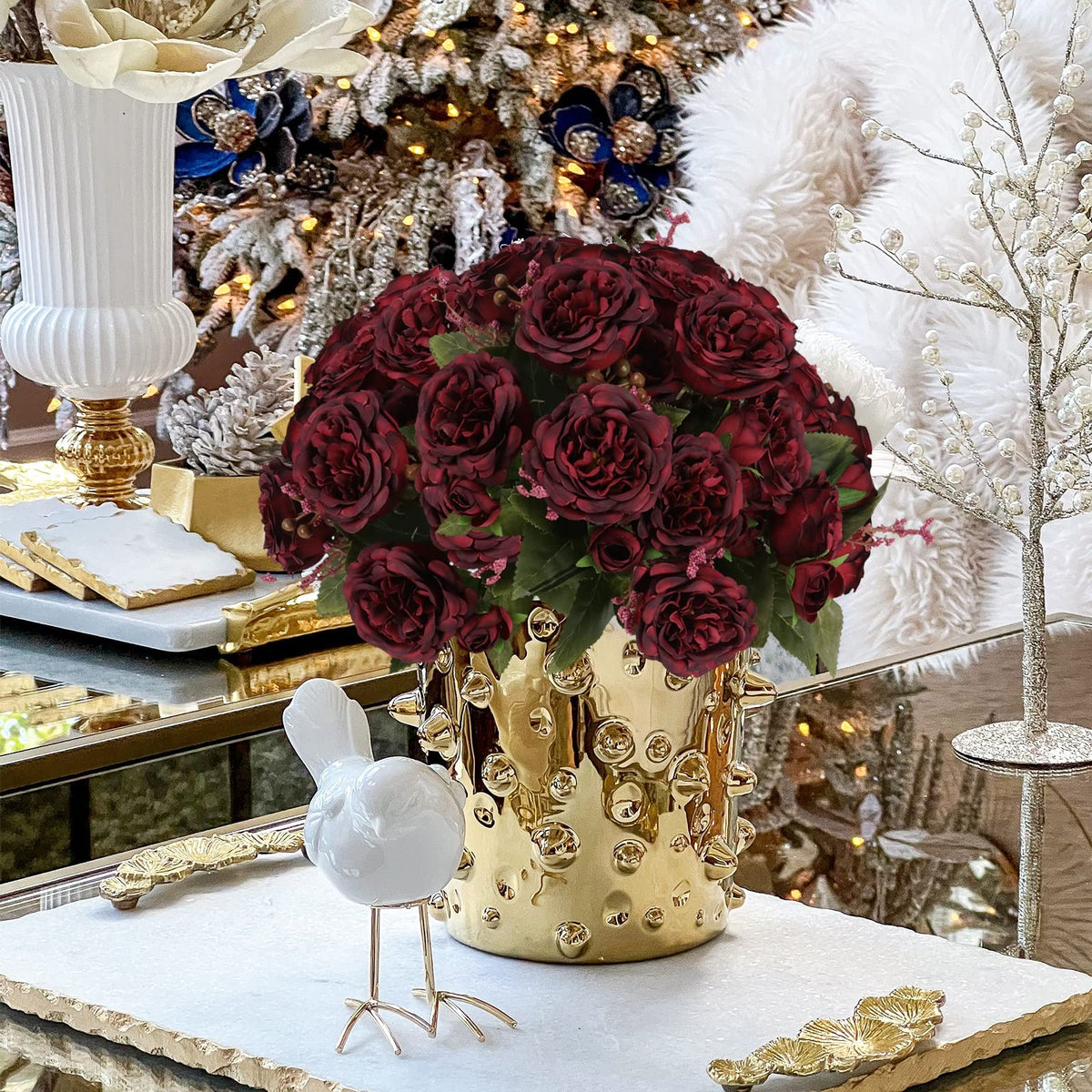 4 Bundles Artificial Peonies Silk Flowers, White Faux Peony Bouquet Florals Arrangements Decor for Farmhouse Home Boho Wedding Table Centerpiece, Fake Plastic Flowers Bulk Vase Decoration (White)