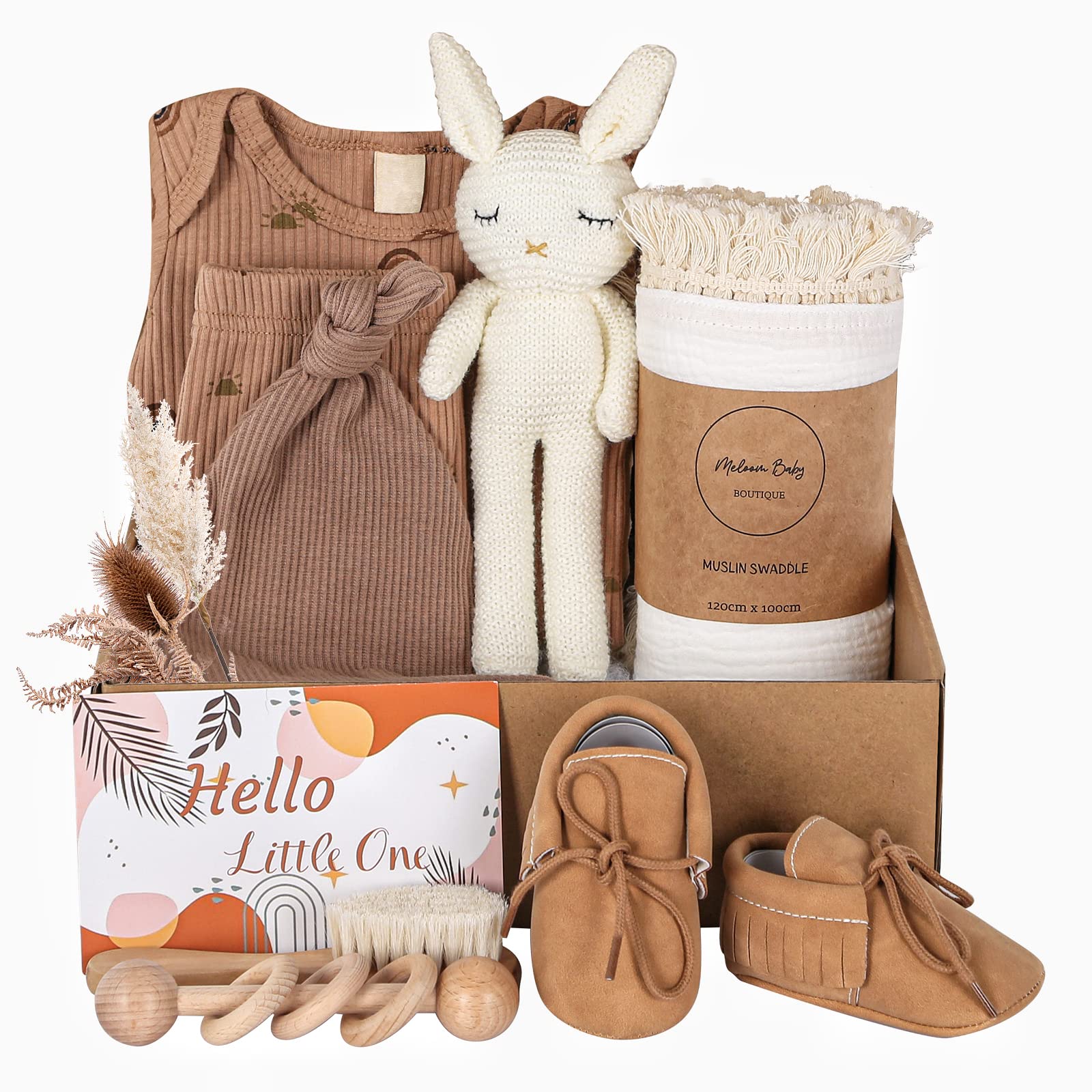 meloom Deluxe Baby Girl Gift Set, Newborn Baby Shower Gifts Basket, Newborn Gifts Box, Boho Baby Girl Essentials, Baby Shower Gifts for New Moms, Personalized New Baby Gifts