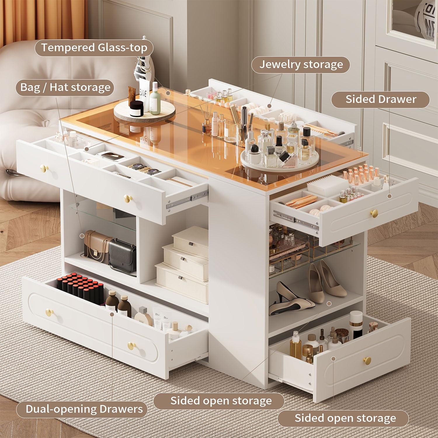Closet Island with Glass Top and 6 Drawers, Walnut & White Bedroom Storage Island with Open Shelves, Walk-in Wardrobe Dresser Cabinet for Closet, Fitting Room, or Retail Display,White
