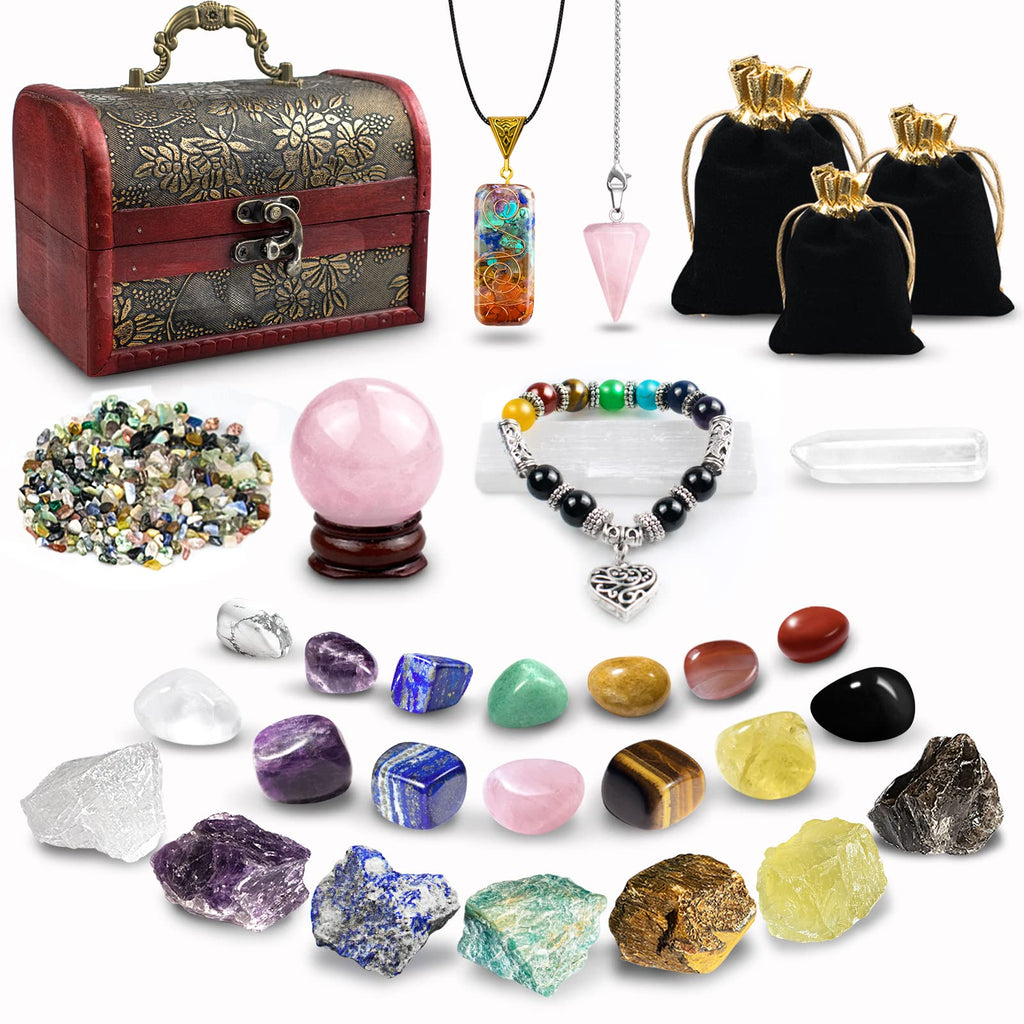 Healing Crystals Set, 28 Pcs Crystals and Healing Stones 7 Chakra Kits Obsidian Real Spiritual Protection Natural Reiki Energy Meditation Crystals for Beginners Wooden Box, Crystal Gifts for Women