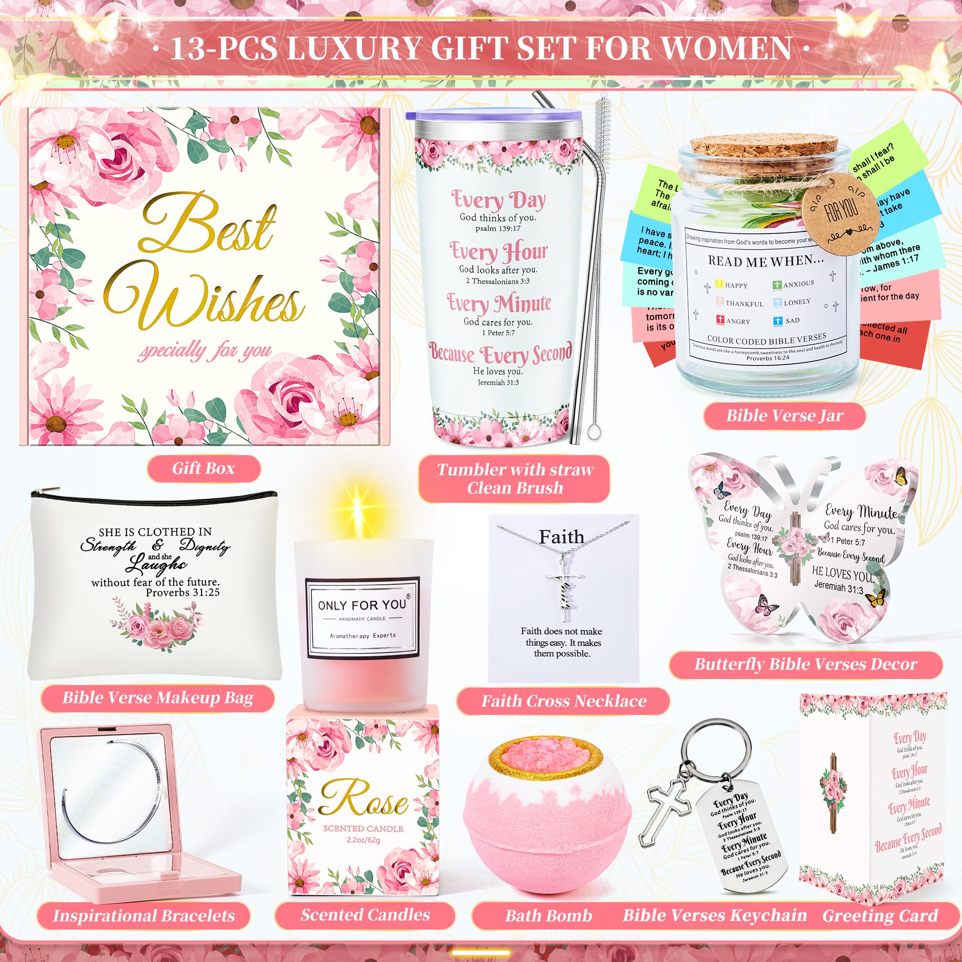 14PCS Christian Gifts for Women Faith, Inspirational Gifts for Women,Spiritual Religious Catholic Baptism Gifts,Get Well Soon Gifts w/ Blanket Mothers Day Gifts for Mom Wife, Girlfriend,Sister