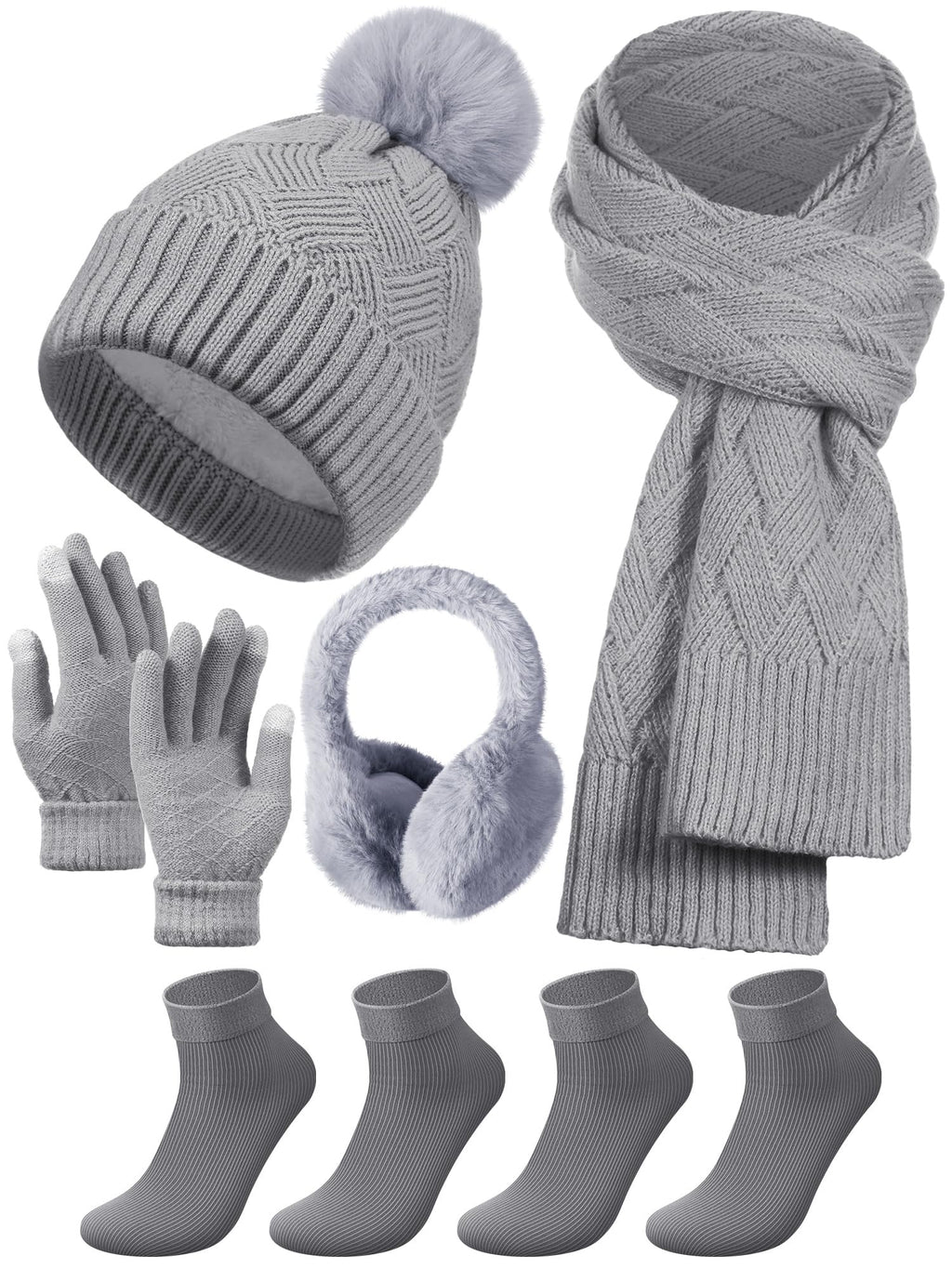 Geyoga 6 Pcs Winter Warm Set for Women Warm Beanies Hats Touchscreen Gloves Long Scarf Ear Muffs Socks Winter Gifts for Women