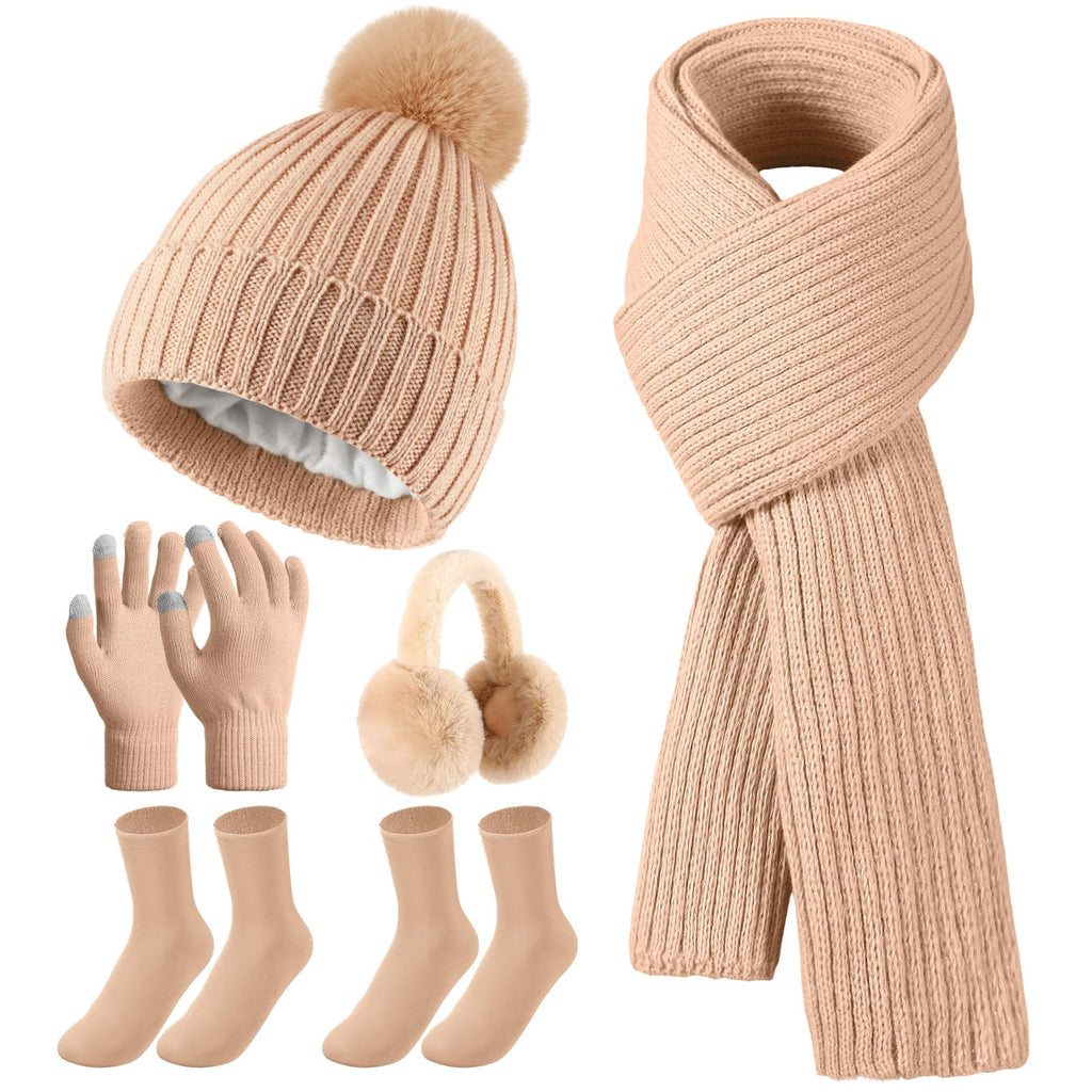 Geyoga 6 Pcs Winter Warm Set for Women Warm Beanies Hats Touchscreen Gloves Long Scarf Ear Muffs Socks Winter Gifts for Women