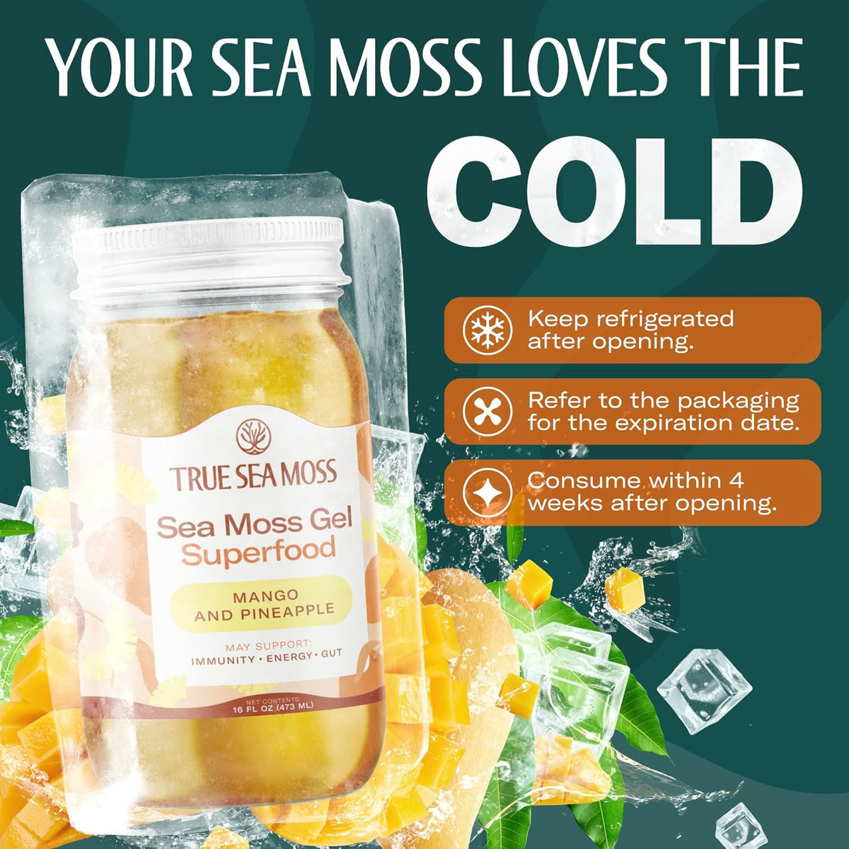 TrueSeaMoss Sea Moss Gel – Made in USA – Wildcrafted Seamoss, Fruits & Jarred Vegetables – Mango/Pineapple, Pack of 1 (Labels may Vary)