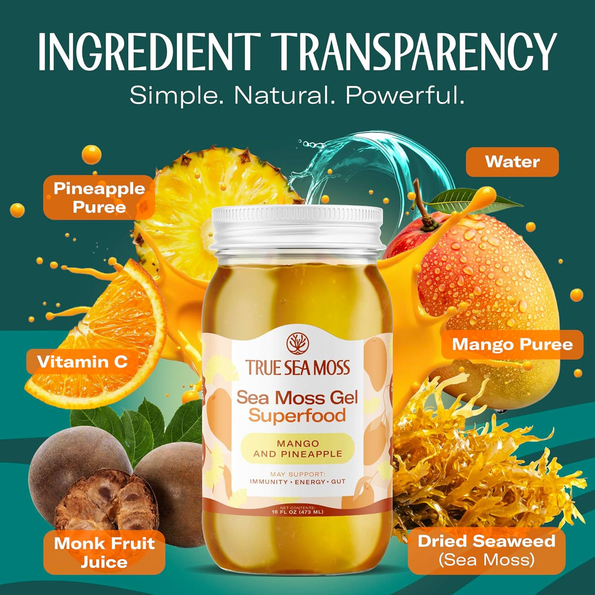 TrueSeaMoss Sea Moss Gel – Made in USA – Wildcrafted Seamoss, Fruits & Jarred Vegetables – Mango/Pineapple, Pack of 1 (Labels may Vary)