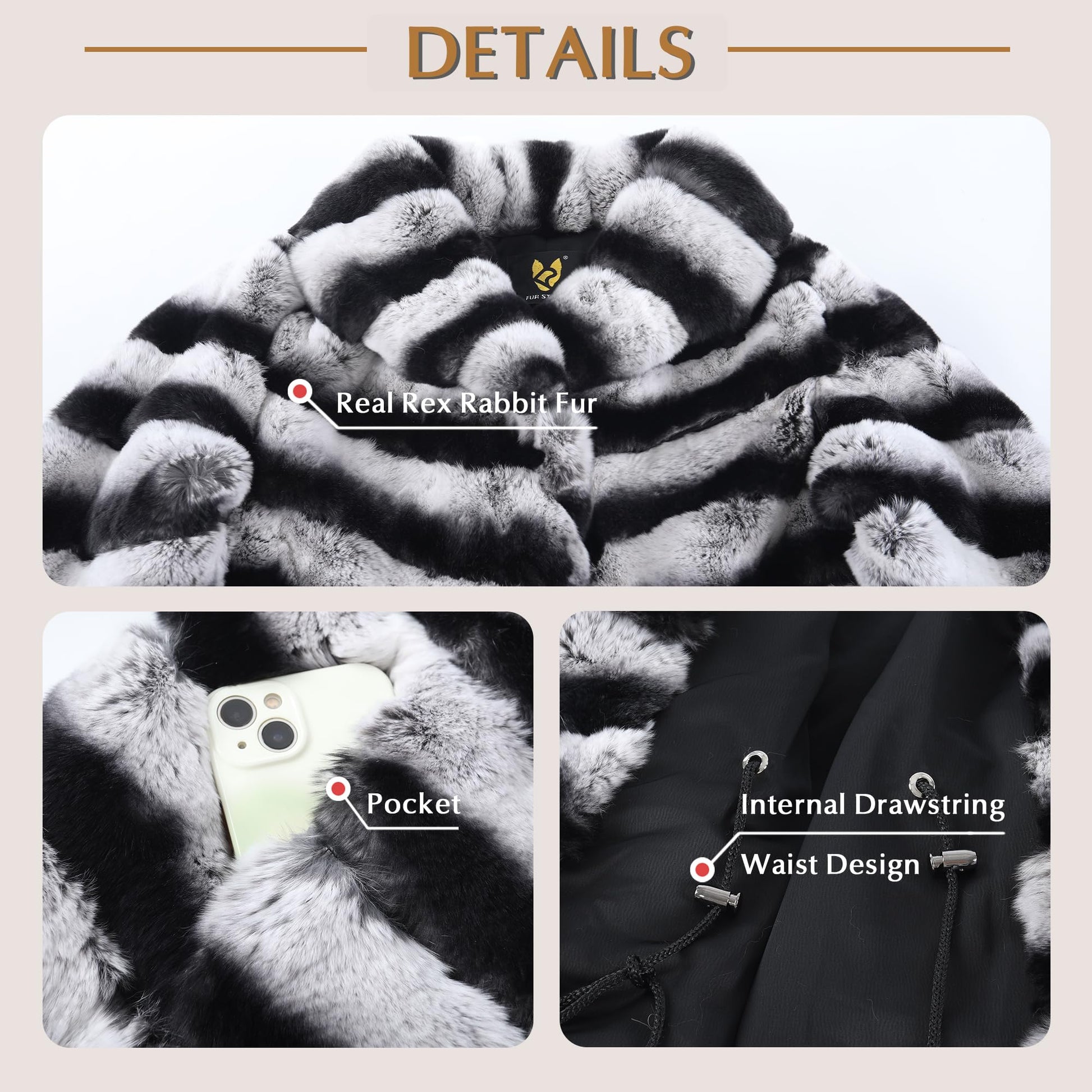 Women's Real Rex Rabbit Fur Coat Furry Long Jacket Winter Warm Stripes Outerwear Turn-down Collar