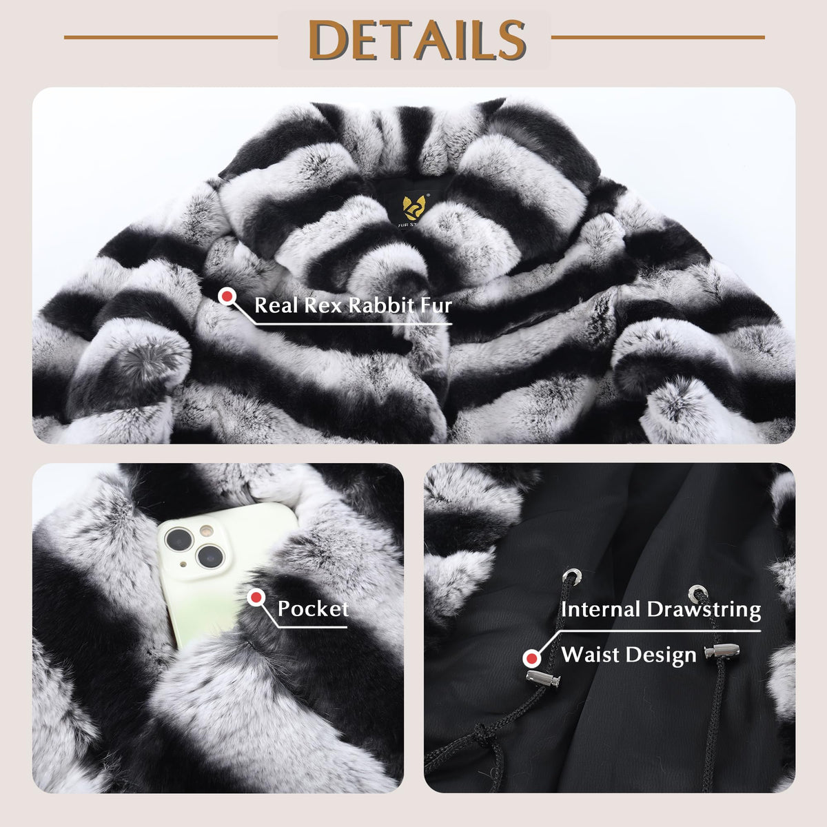 Women's Real Rex Rabbit Fur Coat Furry Long Jacket Winter Warm Stripes Outerwear Turn-down Collar