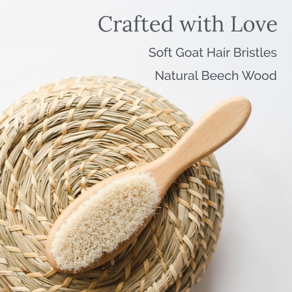 Natemia Wooden Baby Hair Brush & Comb Set - Pack of 3, Oval - Natural Goat Hair Bristles & Soft Bristle Brush - Gentle Scalp Massage & Cradle Cap Comb - For Newborns & Toddlers, Baby Grooming Kit