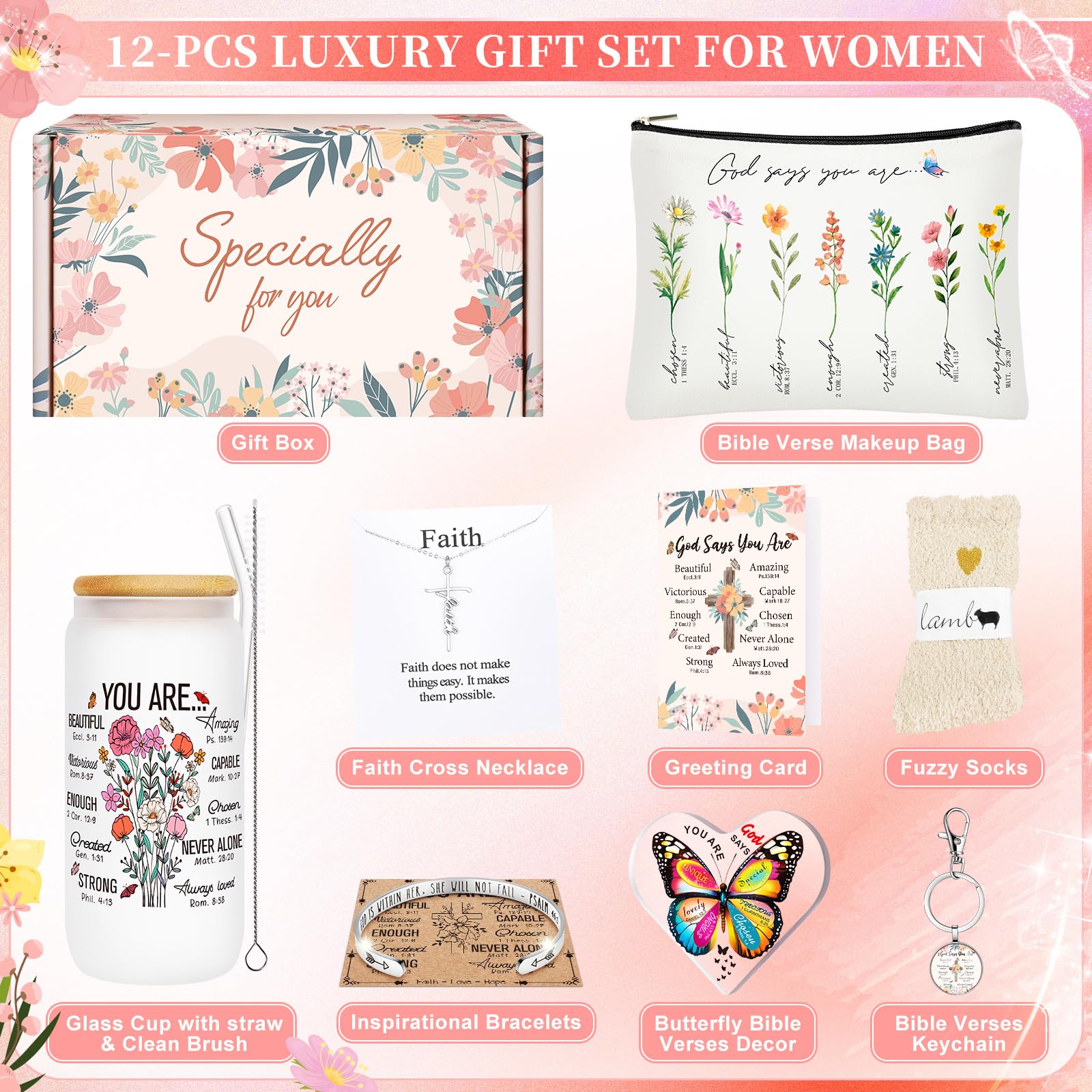14PCS Christian Gifts for Women Faith, Inspirational Gifts for Women,Spiritual Religious Catholic Baptism Gifts,Get Well Soon Gifts w/ Blanket Mothers Day Gifts for Mom Wife, Girlfriend,Sister