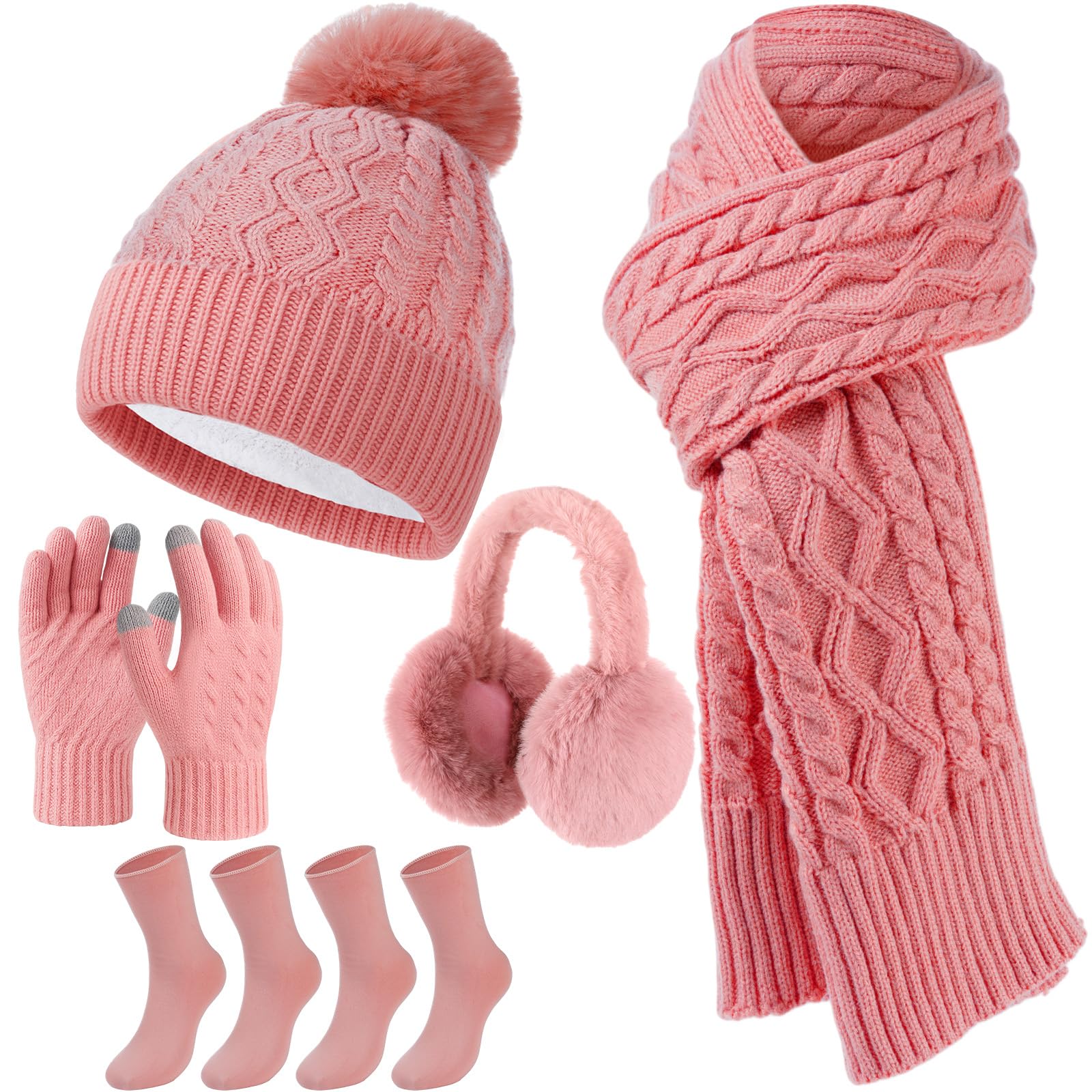 Geyoga 6 Pcs Winter Warm Set for Women Warm Beanies Hats Touchscreen Gloves Long Scarf Ear Muffs Socks Winter Gifts for Women