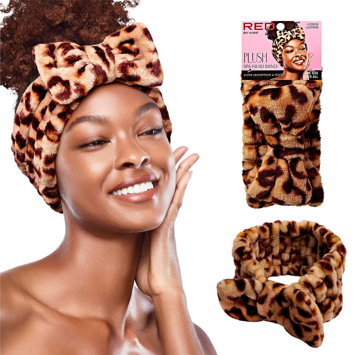 Red by Kiss Spa Headband for Washing Face Facial Makeup Bow Head Band Soft Plush Fleece Stretchy Head Wraps for Women Shower Bath Washing Face Mask (WHITE)