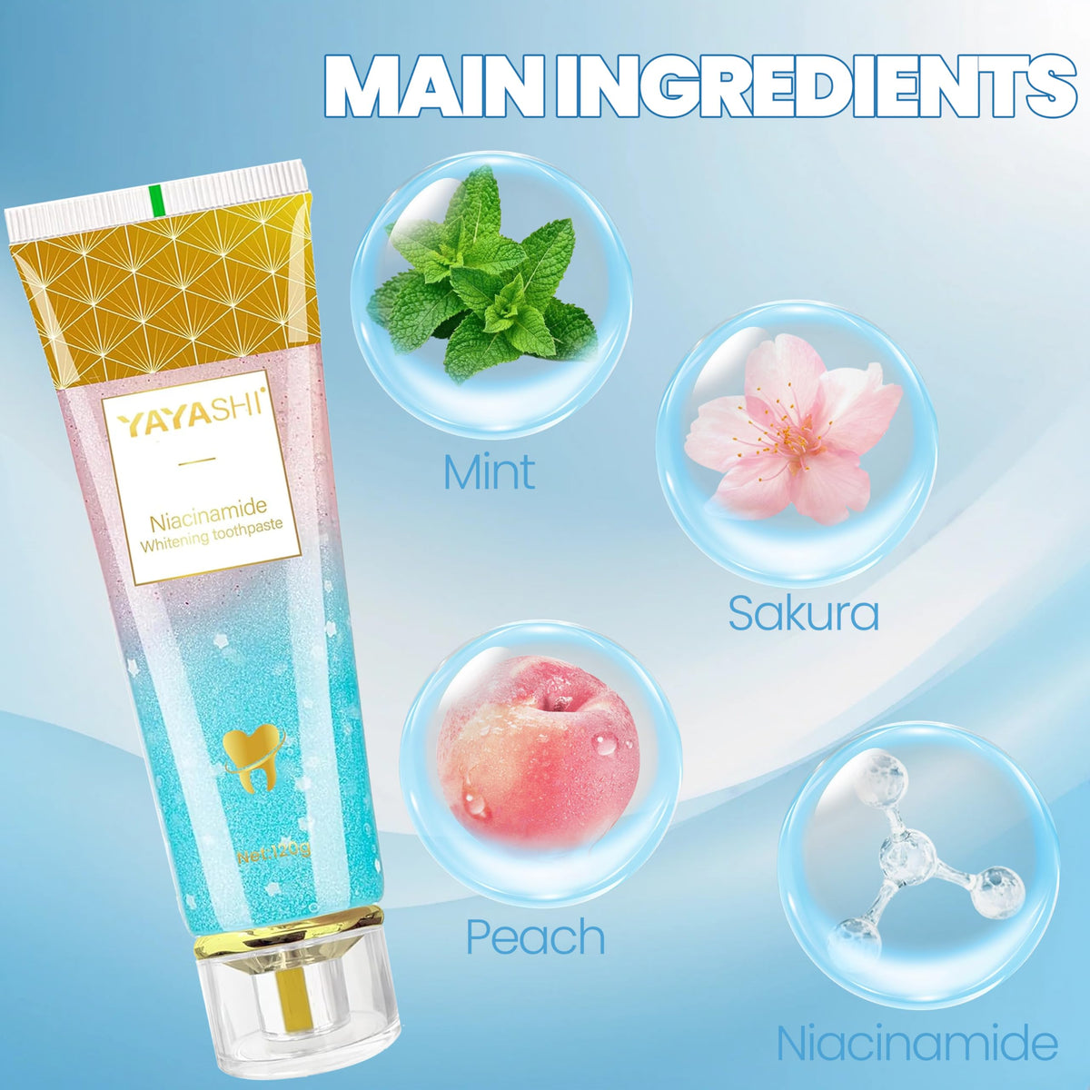 Niacinamide Whitening Toothpaste, YAYASHI Niacinamide Intensive Whitening Toothpaste with Natural Gentle Care Deep Stain Removal Cherry Blossom Mint Flavor, Improves Gum Health