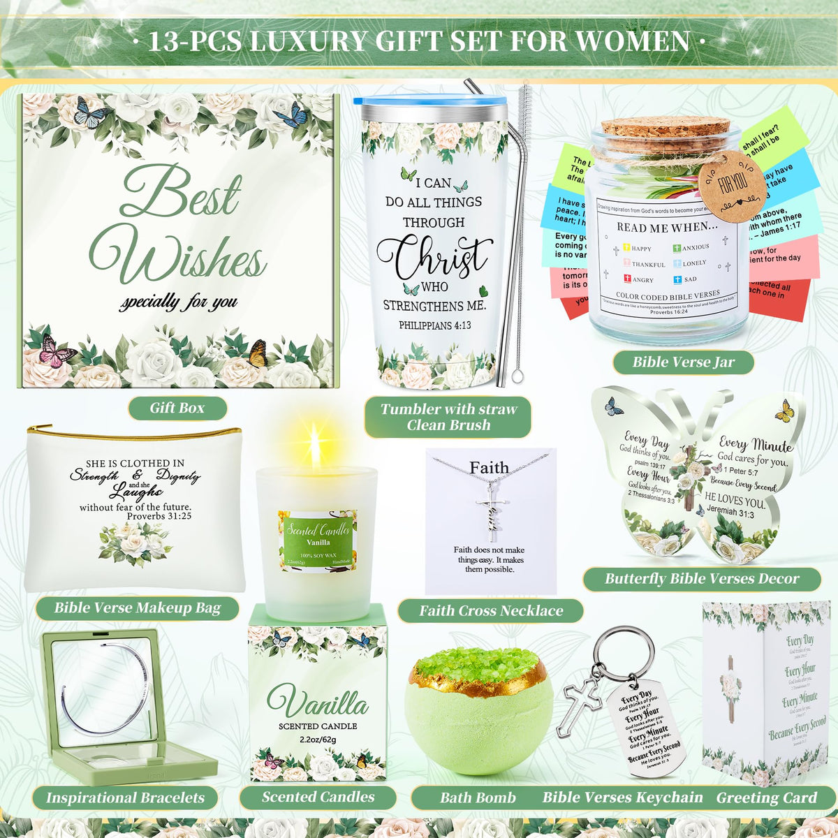 14PCS Christian Gifts for Women Faith, Inspirational Gifts for Women,Spiritual Religious Catholic Baptism Gifts,Get Well Soon Gifts w/ Blanket Mothers Day Gifts for Mom Wife, Girlfriend,Sister