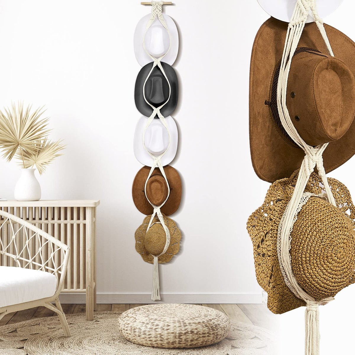 Yulejo Macrame Hat Hangers Boho Hat Rack for Wall Western Cowboy Hanging Organizer for Door Wall Room Bedroom