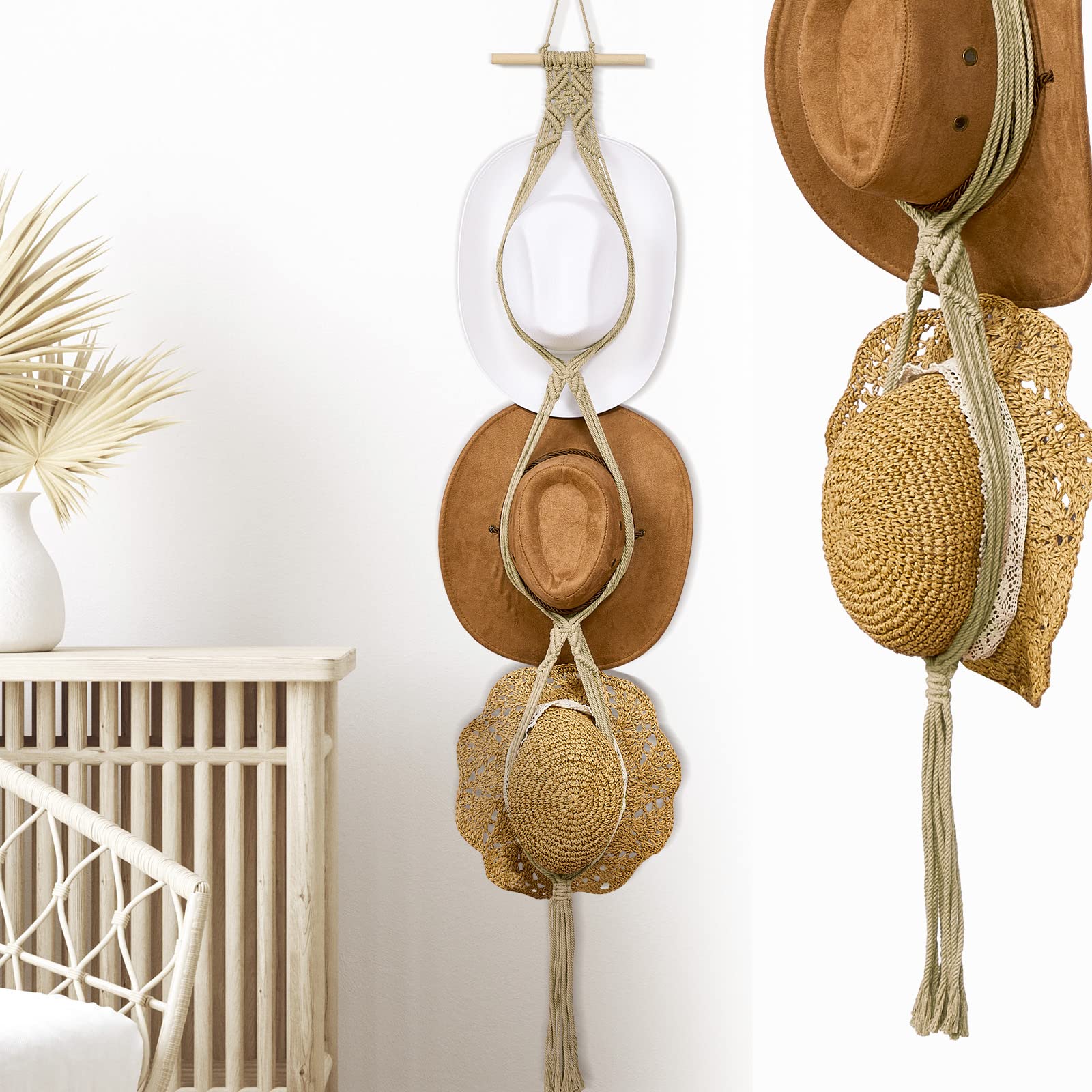 Yulejo Macrame Hat Hangers Boho Hat Rack for Wall Western Cowboy Hanging Organizer for Door Wall Room Bedroom