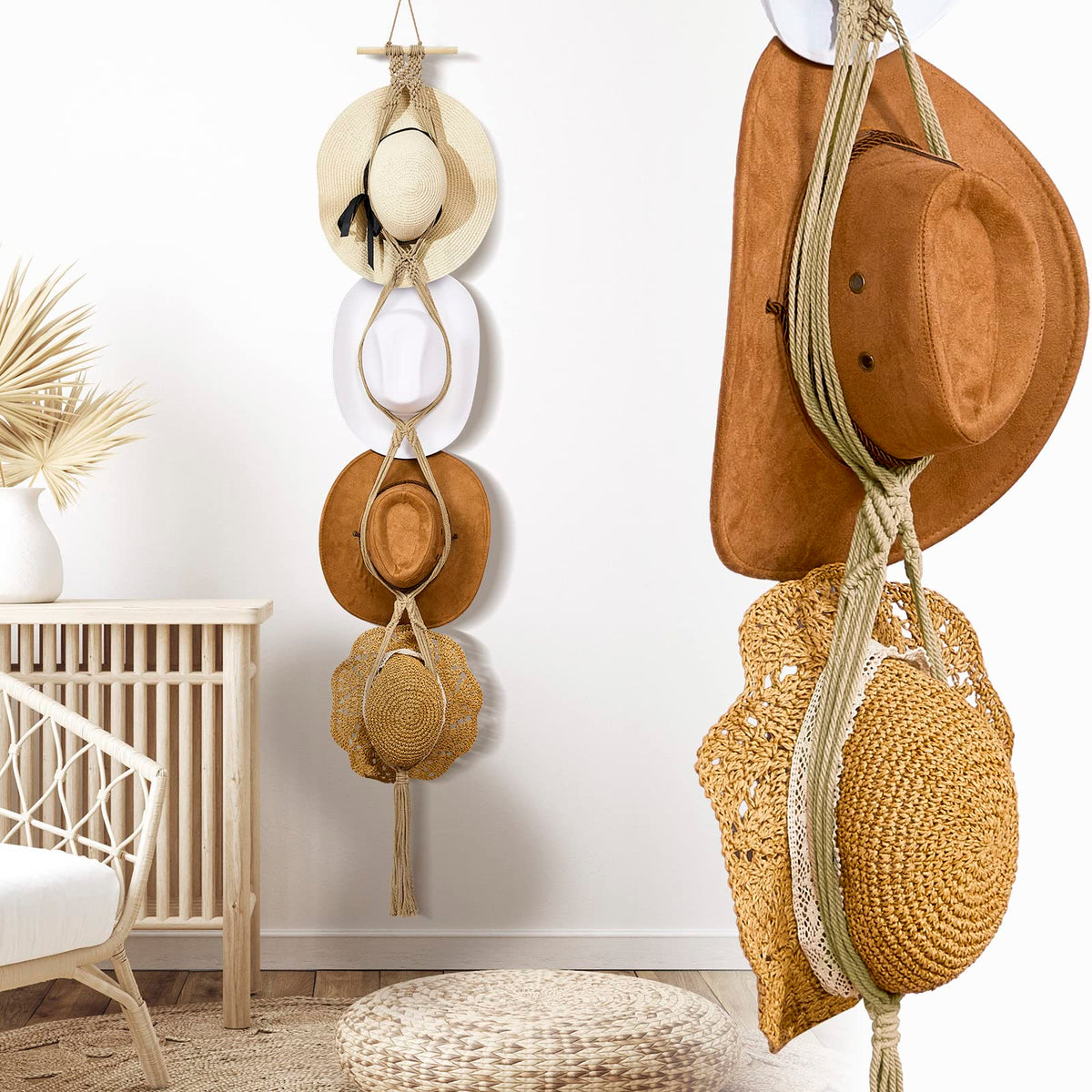 Yulejo Macrame Hat Hangers Boho Hat Rack for Wall Western Cowboy Hanging Organizer for Door Wall Room Bedroom
