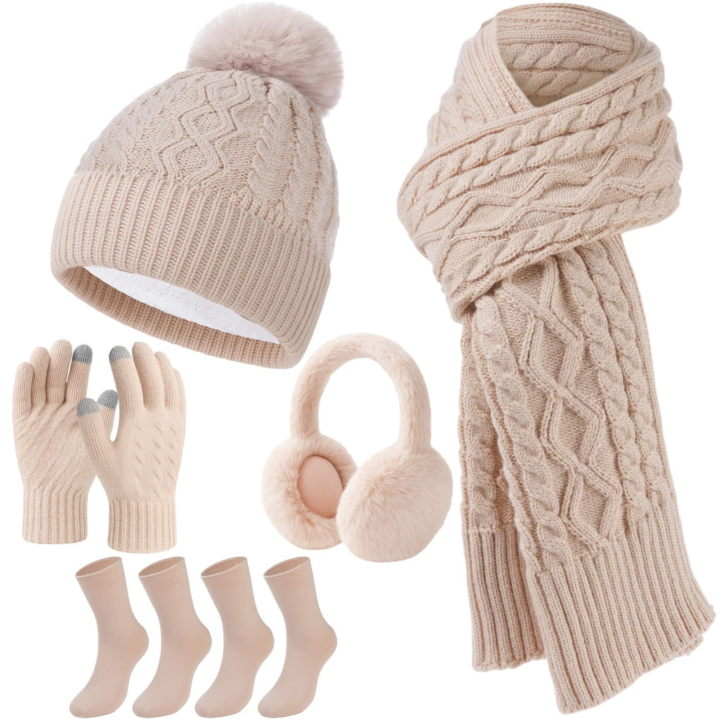 Geyoga 6 Pcs Winter Warm Set for Women Warm Beanies Hats Touchscreen Gloves Long Scarf Ear Muffs Socks Winter Gifts for Women