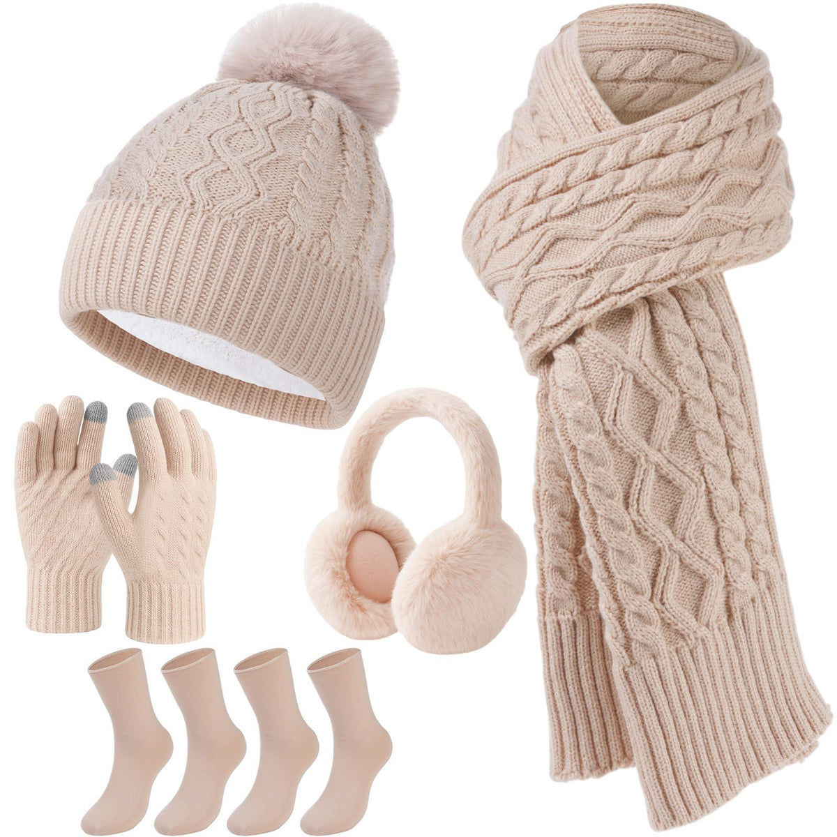 Geyoga 6 Pcs Winter Warm Set for Women Warm Beanies Hats Touchscreen Gloves Long Scarf Ear Muffs Socks Winter Gifts for Women