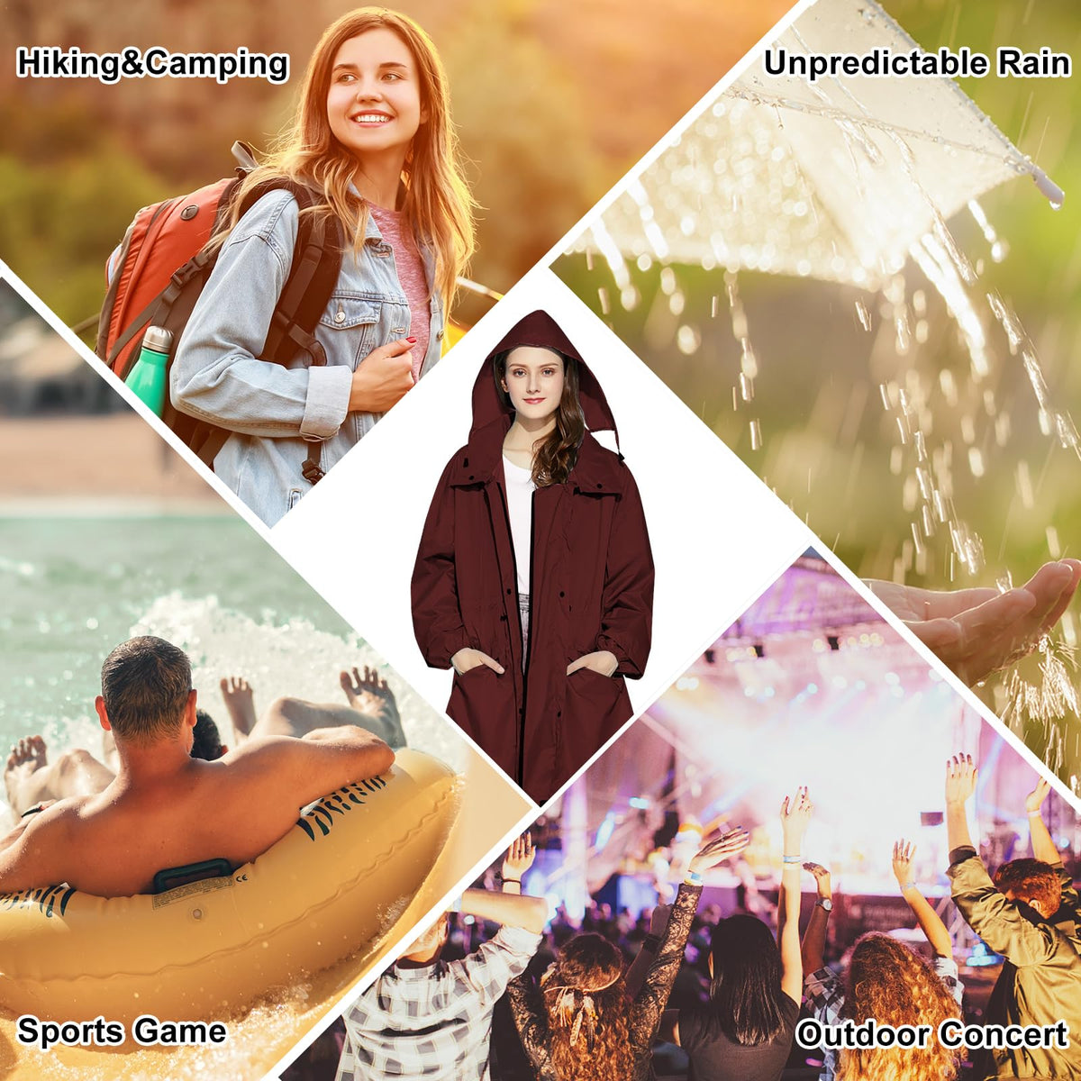 LAMA Womens Long Raincoats Rain Jacket Waterproof Packable Hooded Windbreaker Lightweight Adjustable Waist for Outdoor