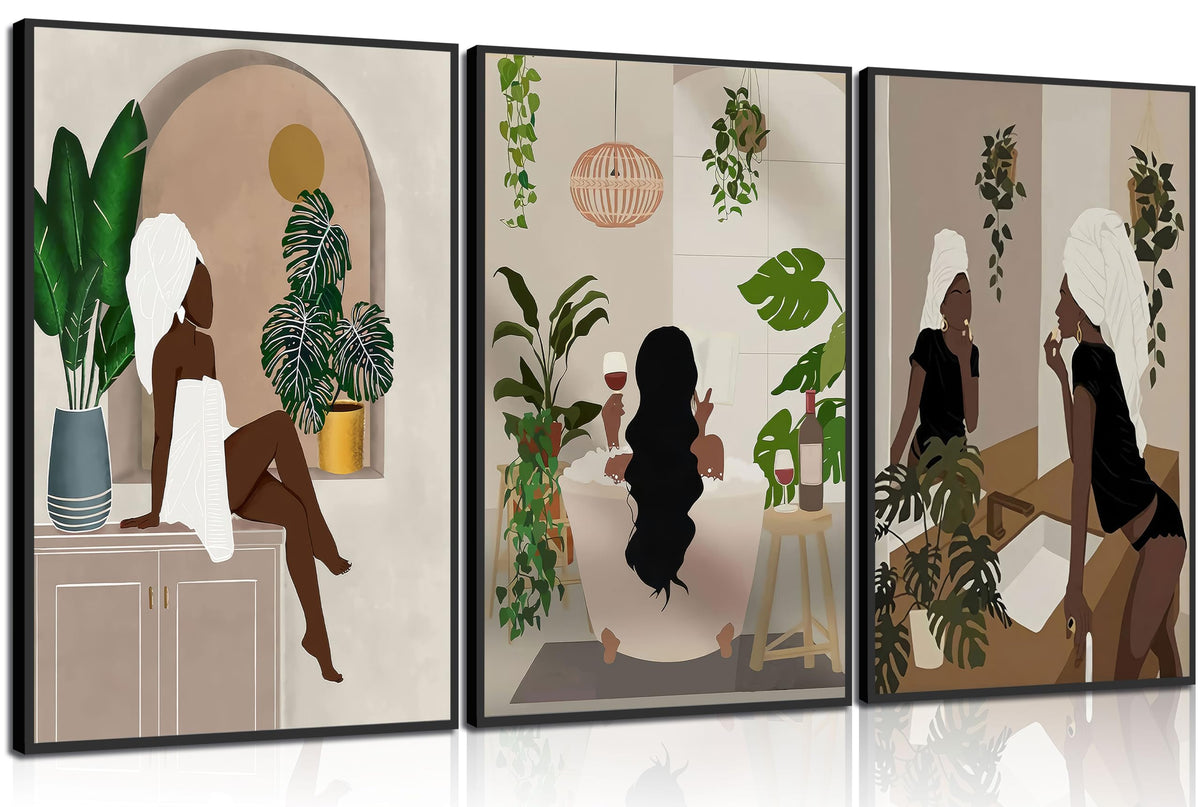 WSTUKVV 3Pcs Black Girl Bathroom Wall Art Boho Black Woman Posters Pictures African American Canvas Prints Fashion Abstract Paintings For Bathroom Home Bedroom Living Room Wall Decor Frame