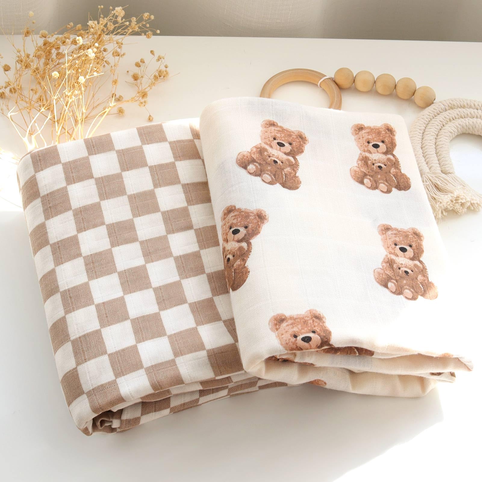 LifeTree Muslin Swaddle Blankets, Baby Swaddling Wrap Nursery Blanket Unisex, Soft 70% Viscose from Bamboo and 30% Cotton, Large 47 x 47 inches, Bear & Checkered Swaddle Blanket