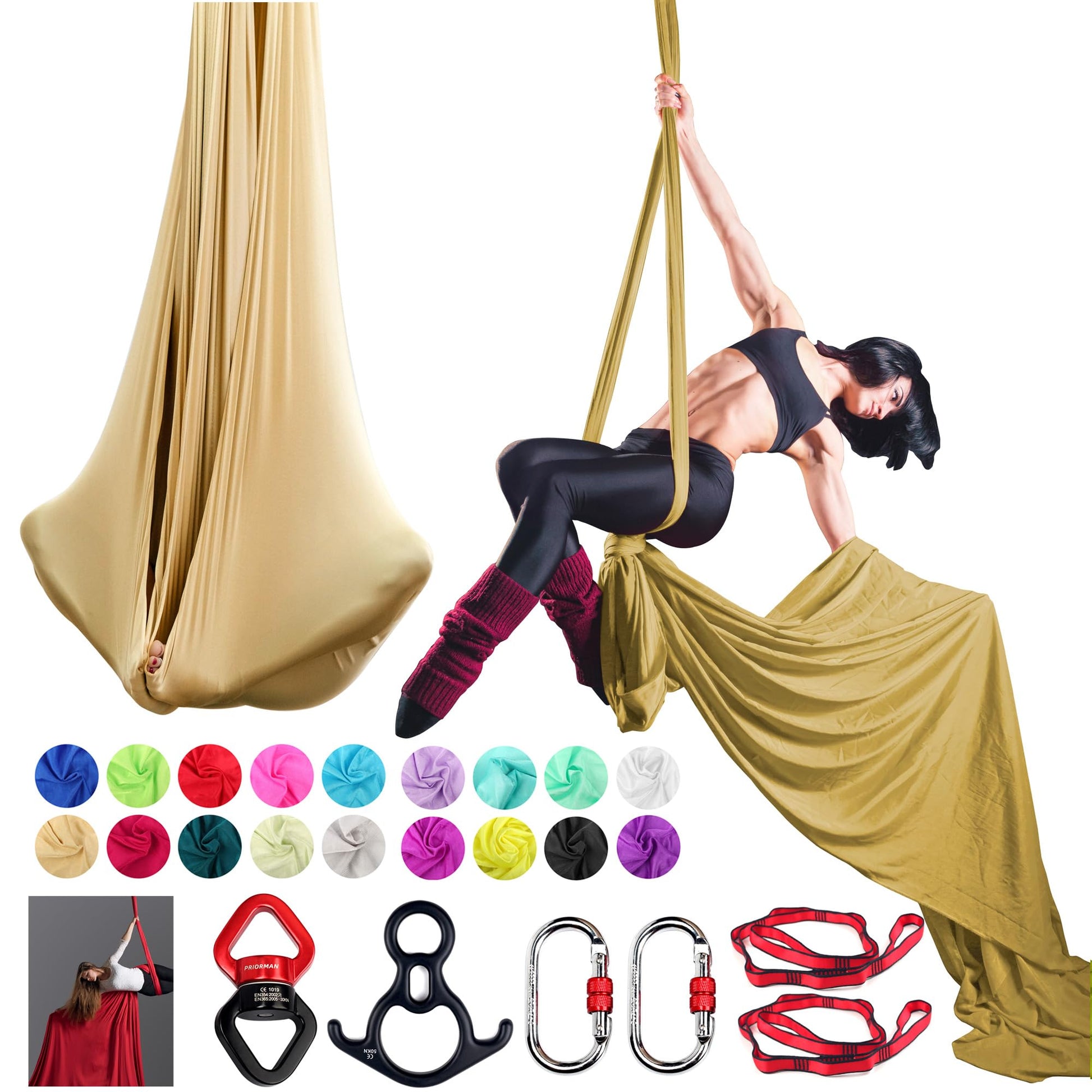 Aerial Silks Set, Premium Ariel Yoga Hammock 9 Yards Aerial Silk, Low-Stretch Fabric, Yoga Starter Kit for Home, Aerial Rig for All Skill Levels - All Hardware Included