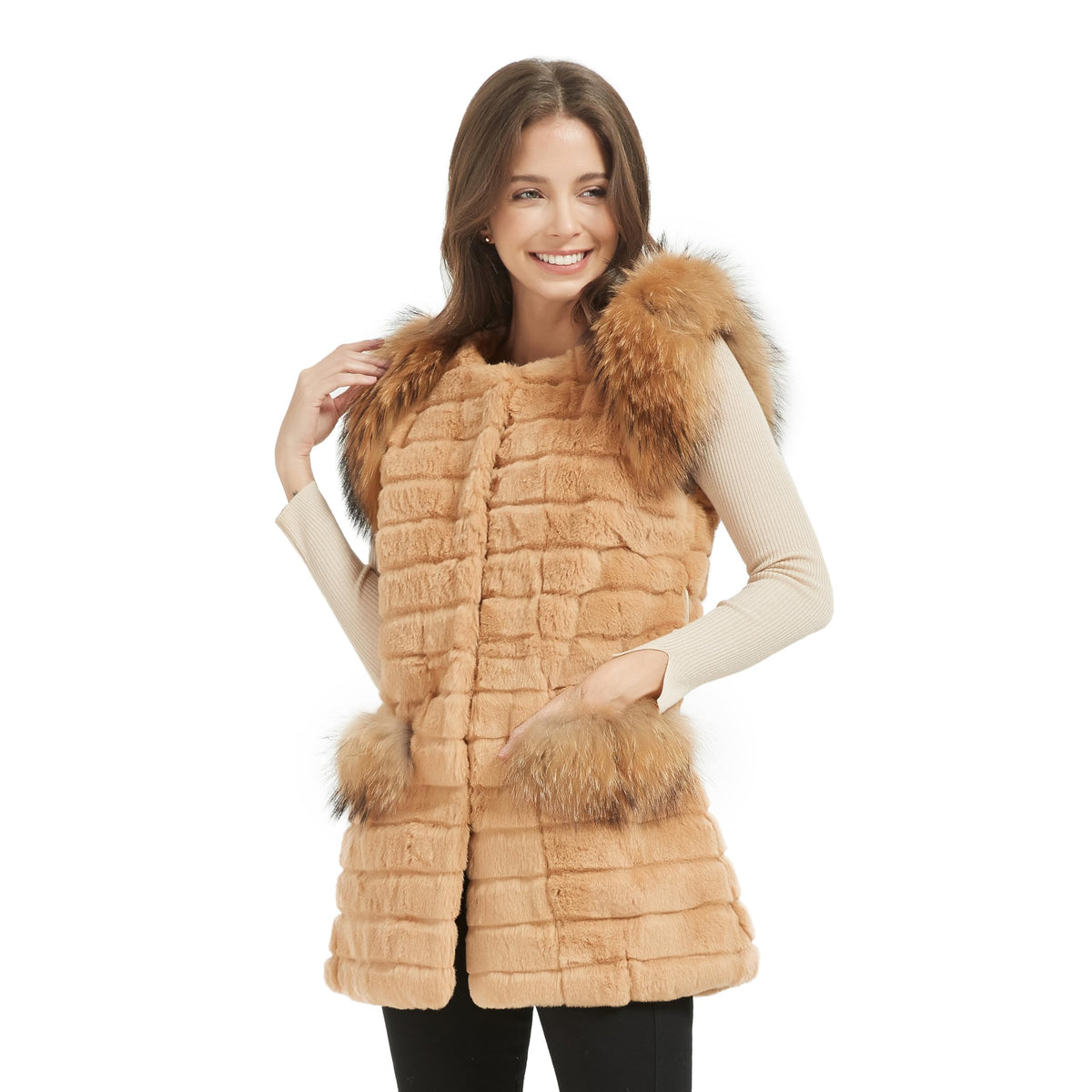 Fur Story Women's Genuine Rabbit Fur Coat With Fox Fur Cuffs Warm Winter Coat Black Long Jacket