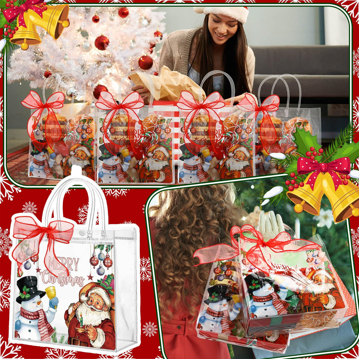 Motipuns 24 Pcs Christmas Clear PVC Gift Bags with Handles and Ribbon African American Black Santa Claus Party Favor Reusable Plastic Candy Treat Tote Bags for Merry New year Xmas Birthday Supplies