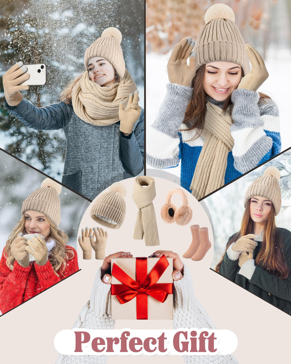 Geyoga 6 Pcs Winter Warm Set for Women Warm Beanies Hats Touchscreen Gloves Long Scarf Ear Muffs Socks Winter Gifts for Women
