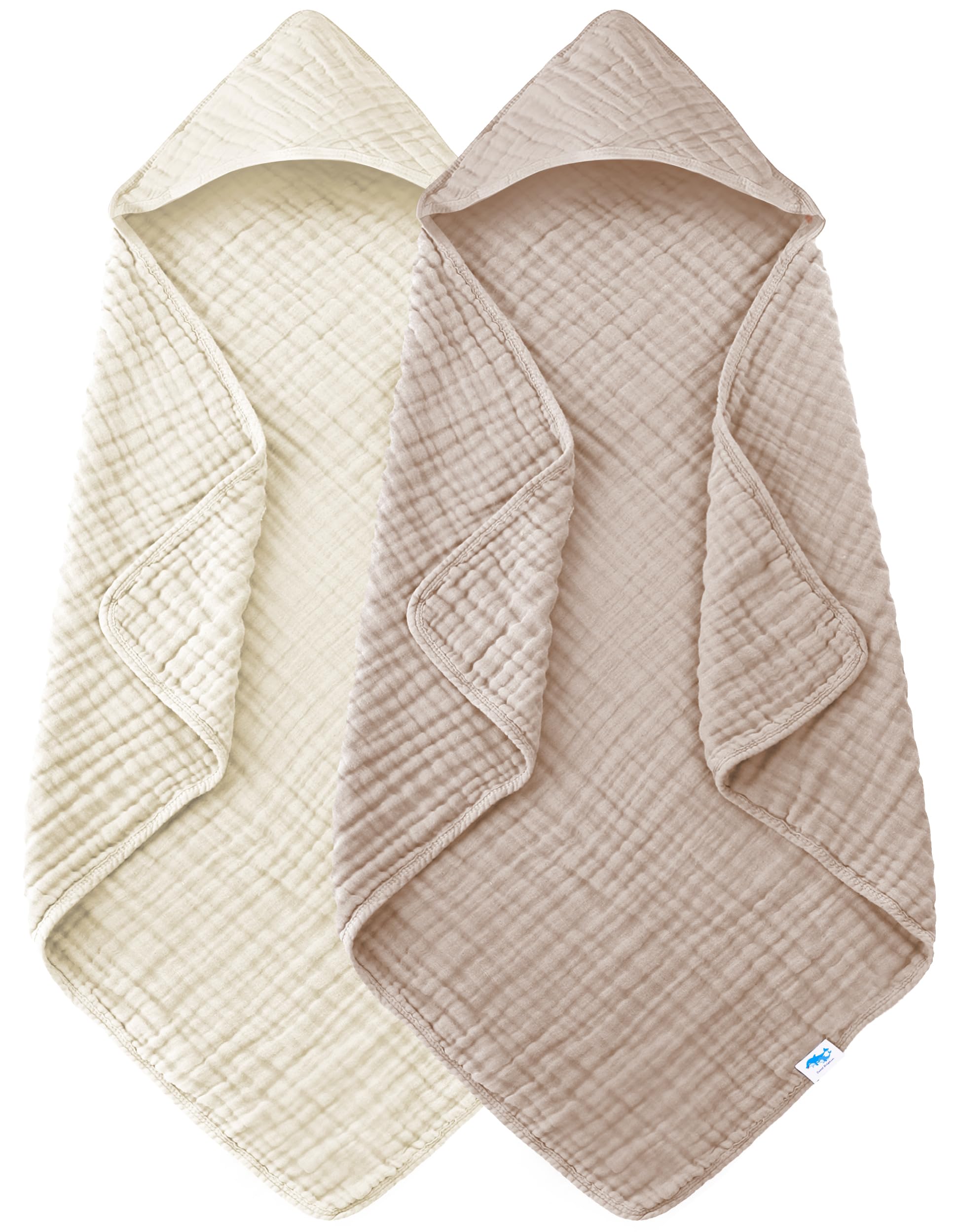 SWEET DOLPHIN Muslin Hooded Baby Bath Towels - 2 Pack 100% Cotton Towel for Babies, Infants, Toddlers - 32x32Inch - Highly Absorbent and Newborn Essential, Light Bean Paste