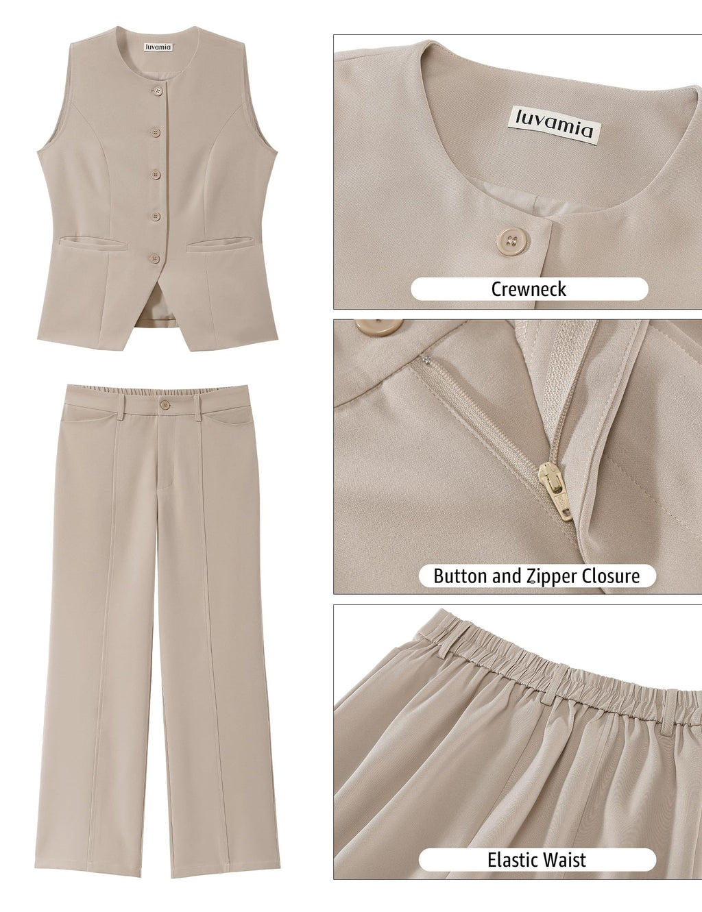 luvamia Vest Pants Suits for Women Dressy 2 Piece Business Casual Outfits Sleeveless Blazer Wide Leg Pants Pantsuit Sets