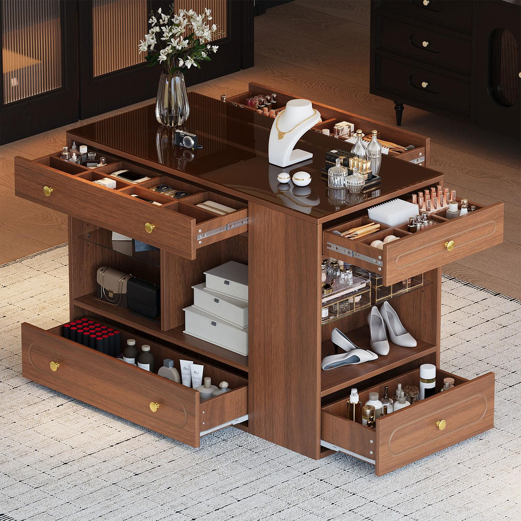 Closet Island with Glass Top and 6 Drawers, Walnut & White Bedroom Storage Island with Open Shelves, Walk-in Wardrobe Dresser Cabinet for Closet, Fitting Room, or Retail Display,White