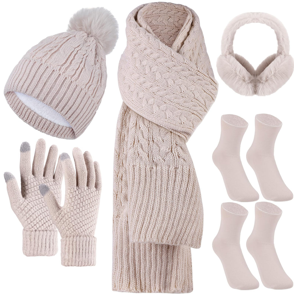 Geyoga 6 Pcs Winter Warm Set for Women Warm Beanies Hats Touchscreen Gloves Long Scarf Ear Muffs Socks Winter Gifts for Women