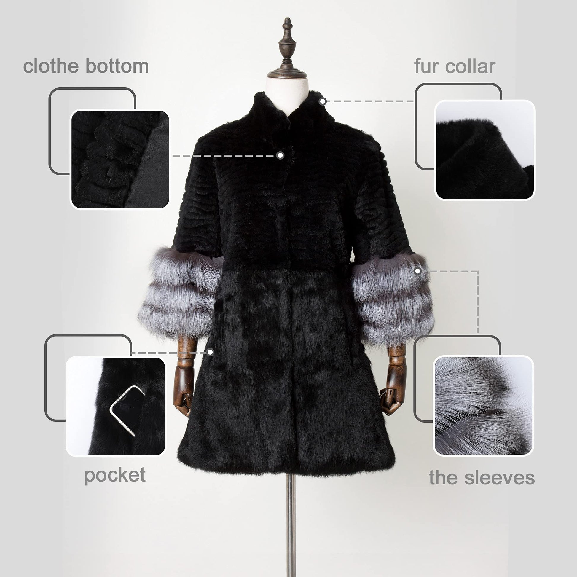 Fur Story Women's Genuine Rabbit Fur Coat With Fox Fur Cuffs Warm Winter Coat Black Long Jacket