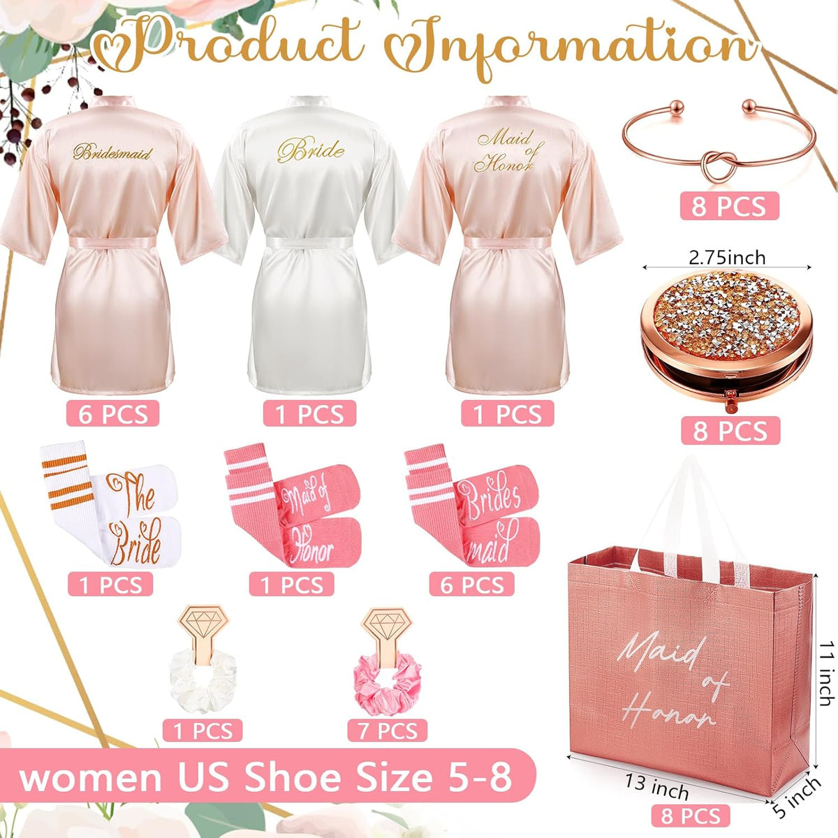 Toulite 48 Pcs Bridesmaid Robe Sets Silk Satin Bride Party Robes with Bachelorette Gift Handbags Knot Bracelets Hair Ties Rhinestone Mirrors and Socks for Bridesmaid Wedding Bachelorette Party