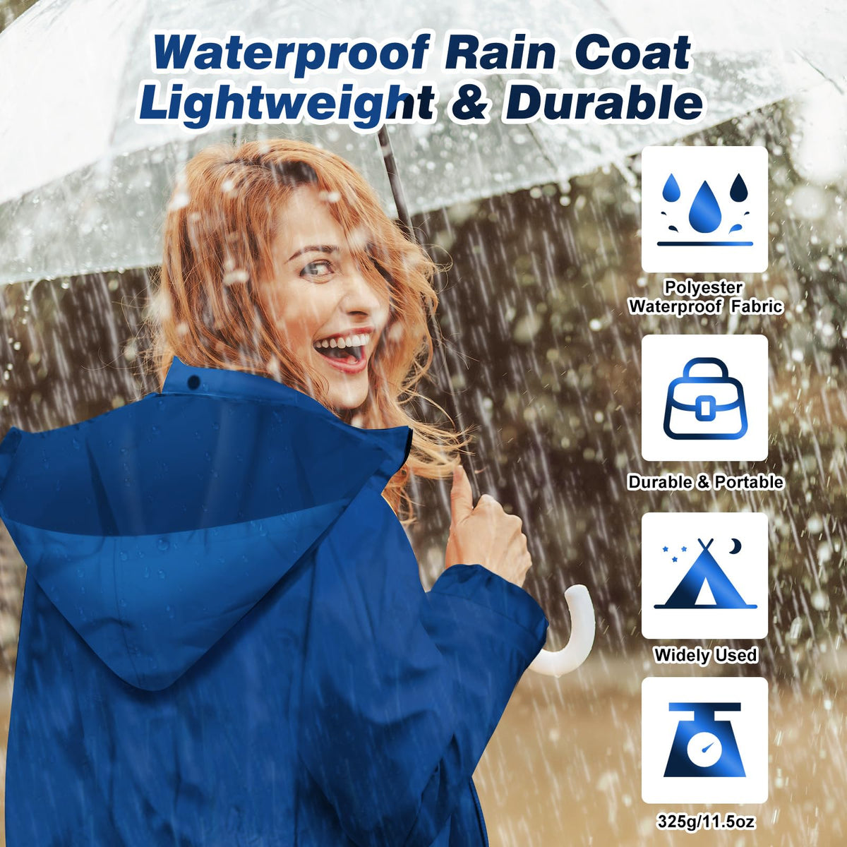 LAMA Womens Long Raincoats Rain Jacket Waterproof Packable Hooded Windbreaker Lightweight Adjustable Waist for Outdoor