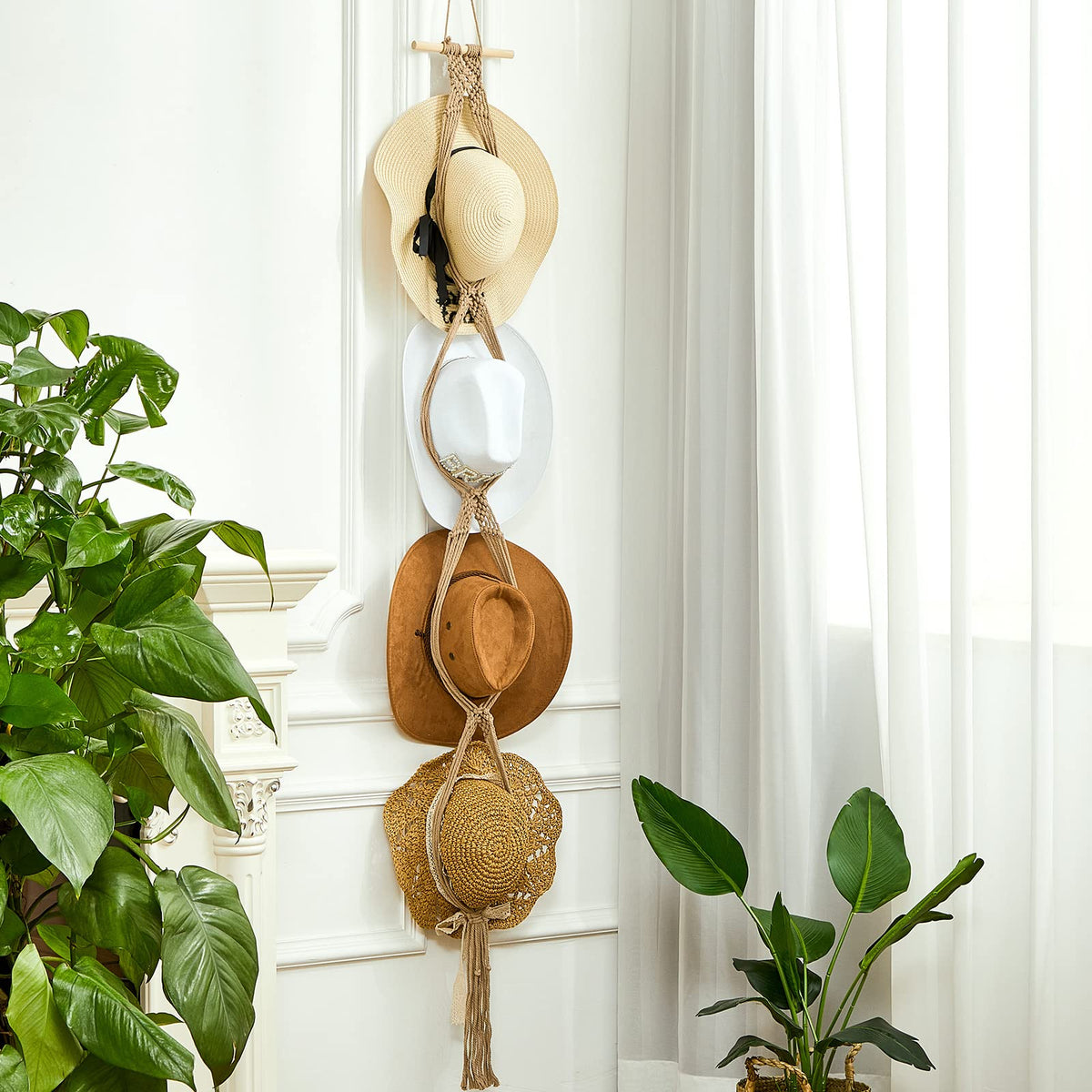 Yulejo Macrame Hat Hangers Boho Hat Rack for Wall Western Cowboy Hanging Organizer for Door Wall Room Bedroom