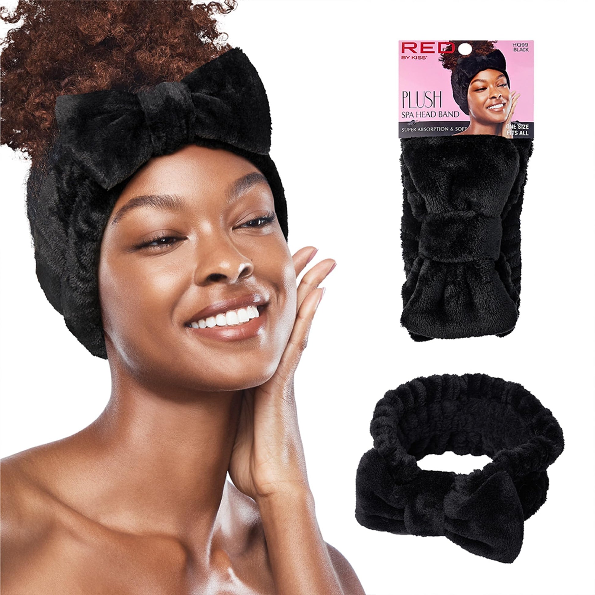 Red by Kiss Spa Headband for Washing Face Facial Makeup Bow Head Band Soft Plush Fleece Stretchy Head Wraps for Women Shower Bath Washing Face Mask (WHITE)