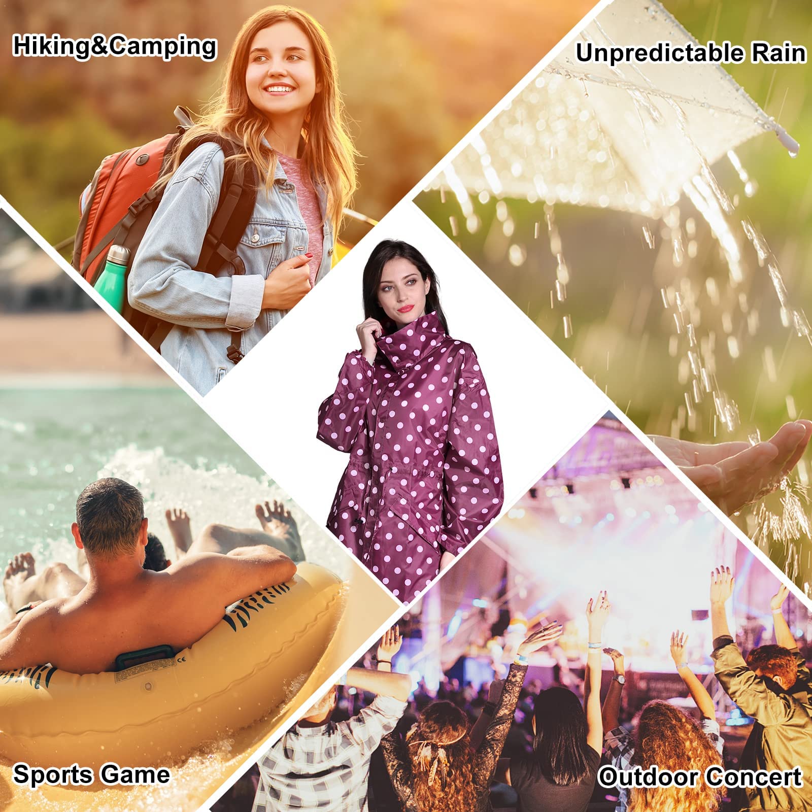 LAMA Womens Long Raincoats Rain Jacket Waterproof Packable Hooded Windbreaker Lightweight Adjustable Waist for Outdoor