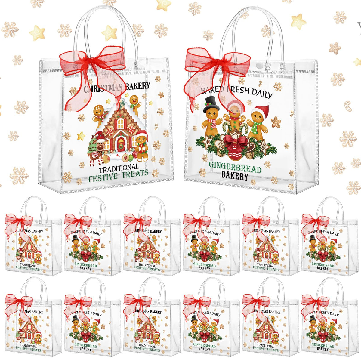 Motipuns 24 Pcs Christmas Clear PVC Gift Bags with Handles and Ribbon African American Black Santa Claus Party Favor Reusable Plastic Candy Treat Tote Bags for Merry New year Xmas Birthday Supplies